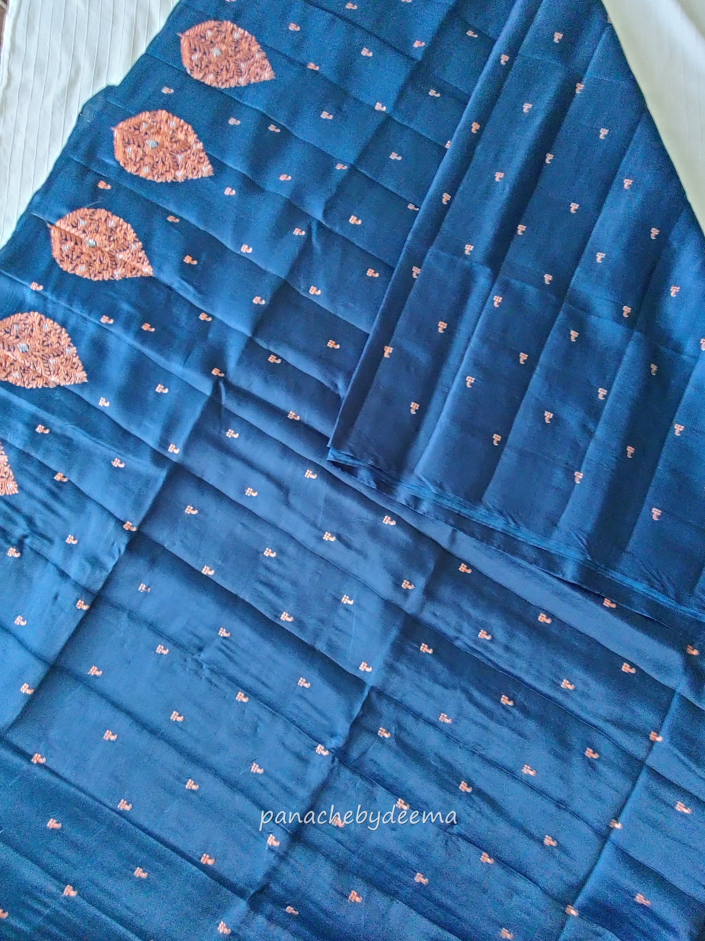 Beautiful Semi soft silk saree with copper zari embroidery | Teal blue | MS107