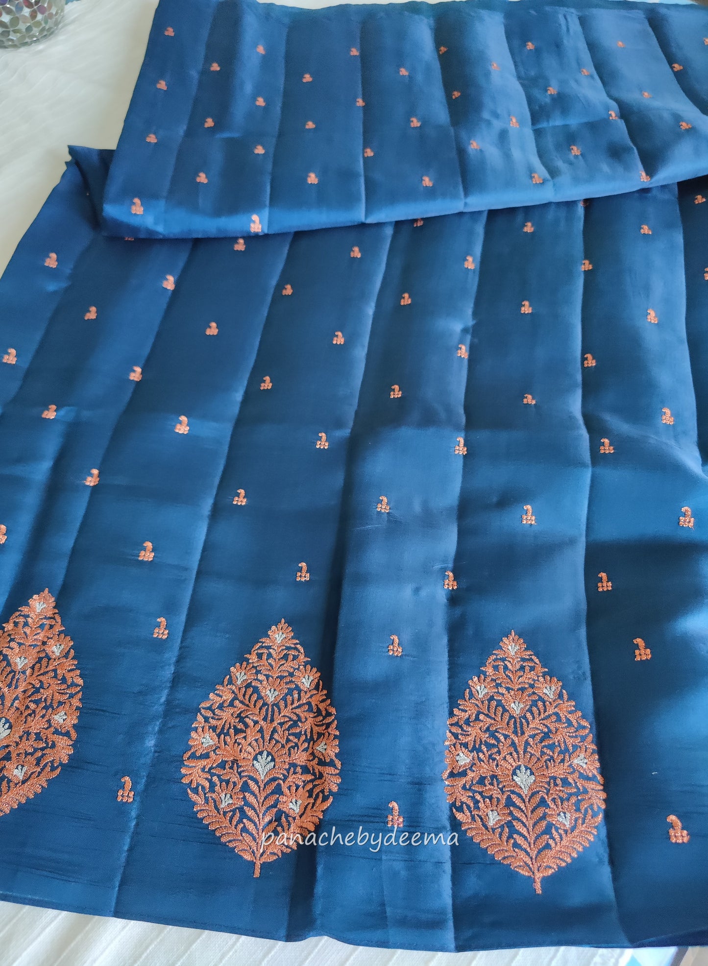 Beautiful Semi soft silk saree with copper zari embroidery | Teal blue | MS107
