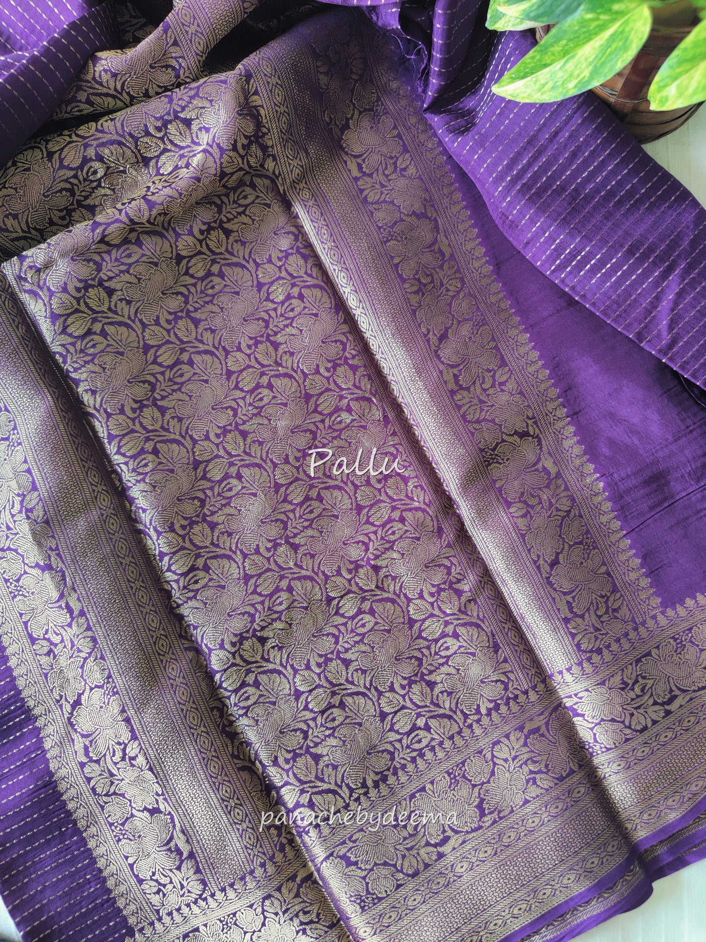 Semi banarasi munga silk designer sareee with kantha pattern zari weaving | Violet with pink | BS1