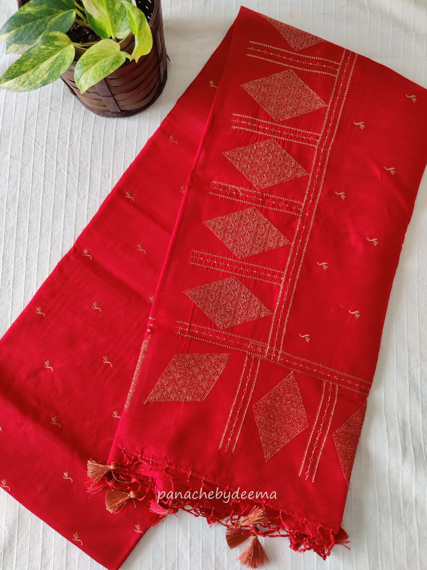 Look festive ready in this premium semi raw silk designer saree with beautiful copper zari embroidery | Red | P13