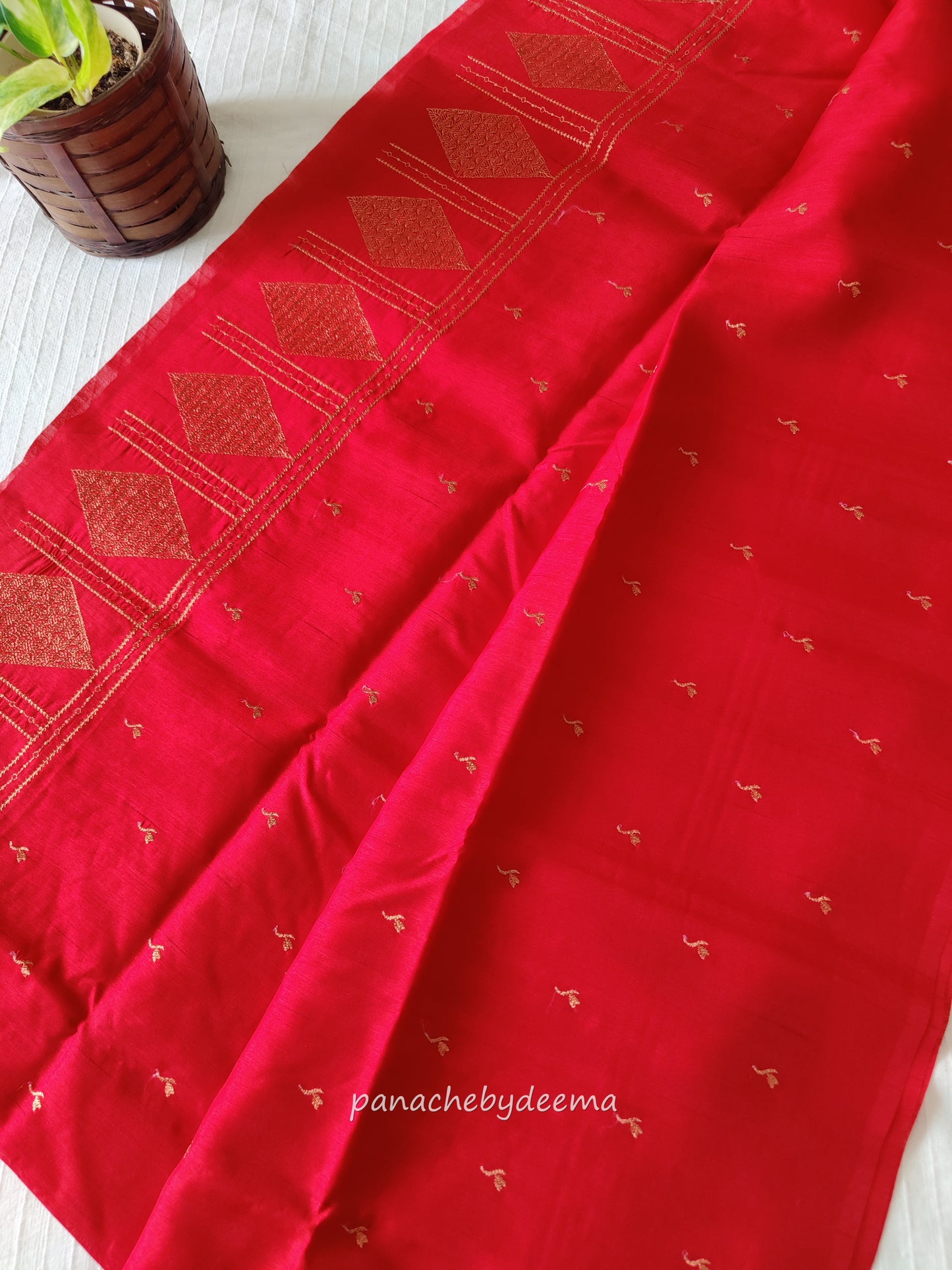 Look festive ready in this premium semi raw silk designer saree with beautiful copper zari embroidery | Red | P13