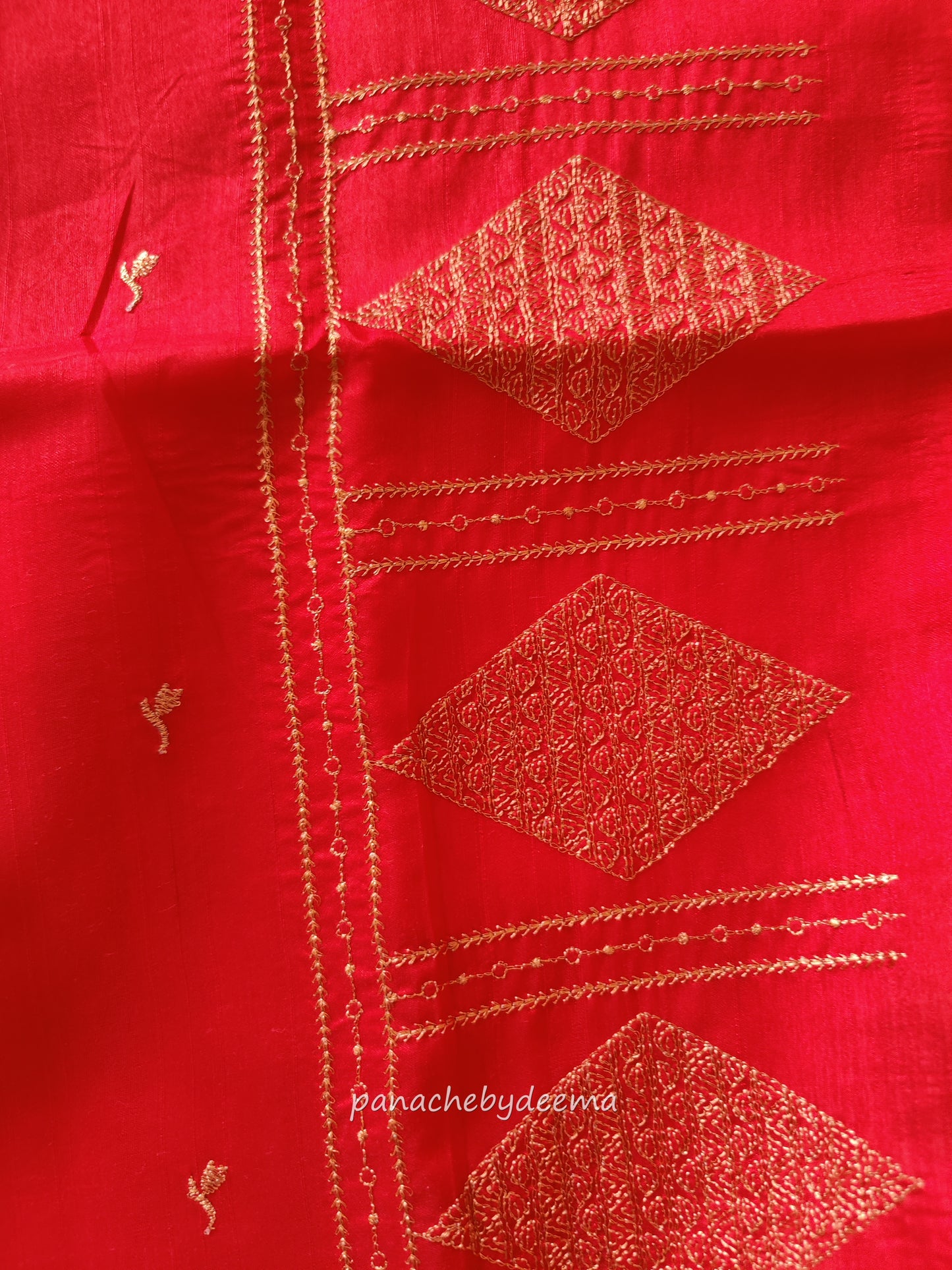 Look festive ready in this premium semi raw silk designer saree with beautiful copper zari embroidery | Red | P13