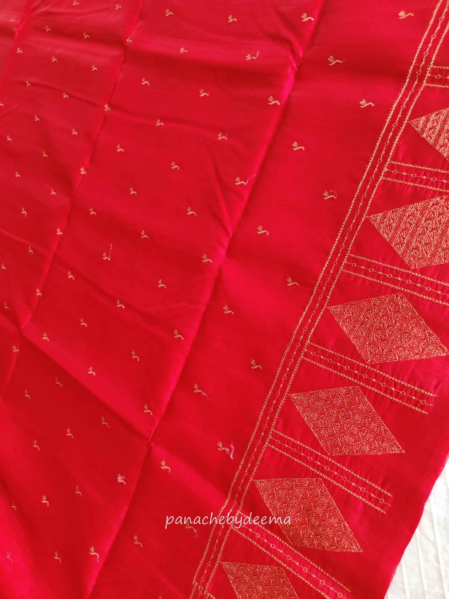 Look festive ready in this premium semi raw silk designer saree with beautiful copper zari embroidery | Red | P13