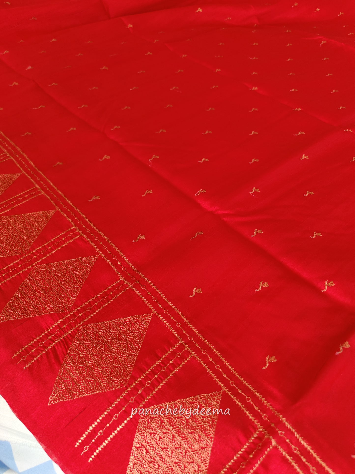 Look festive ready in this premium semi raw silk designer saree with beautiful copper zari embroidery | Red | P13