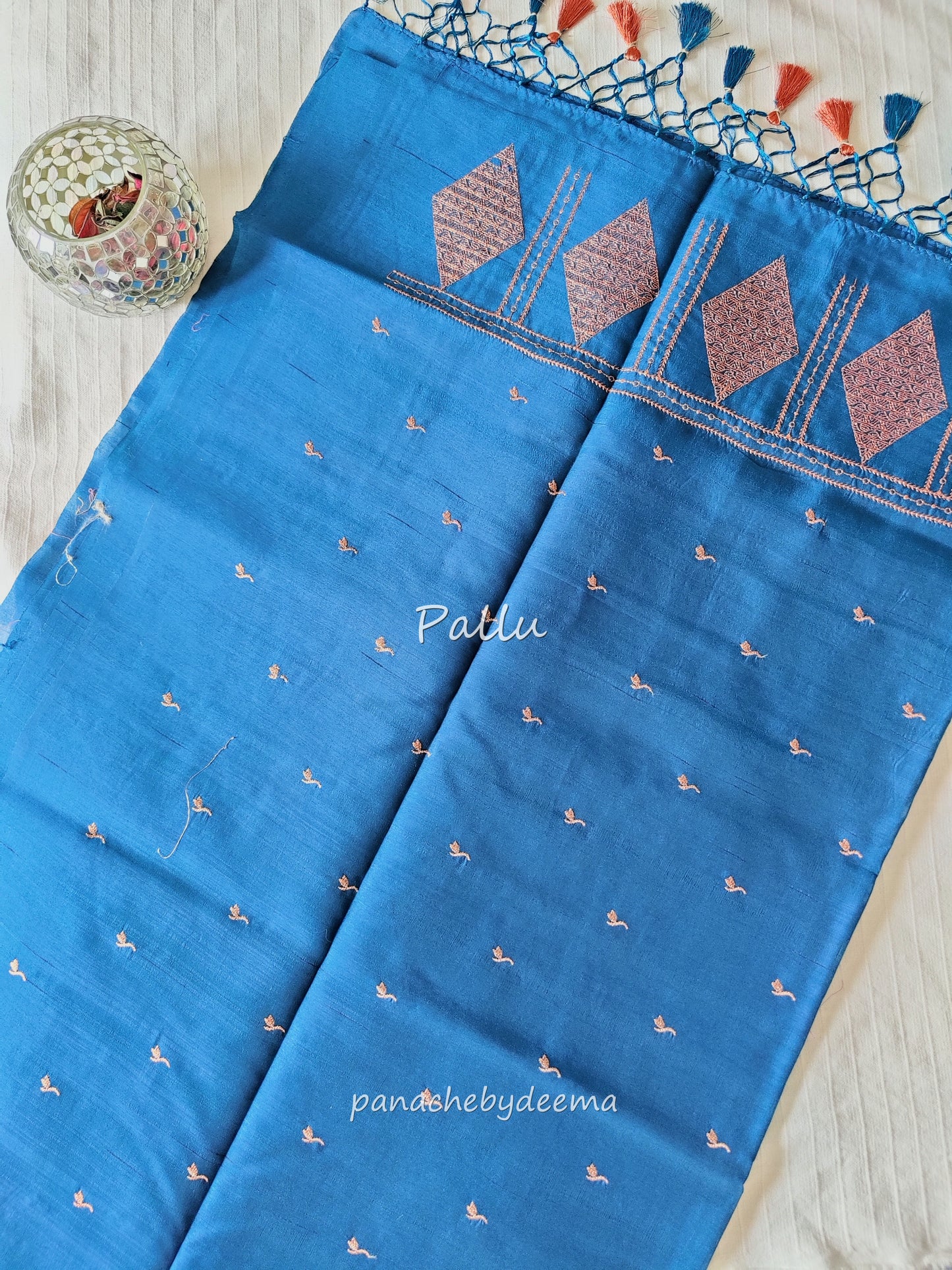 Look festive ready in this premium semi raw silk designer saree with beautiful copper zari embroidery | Teal blue | P15