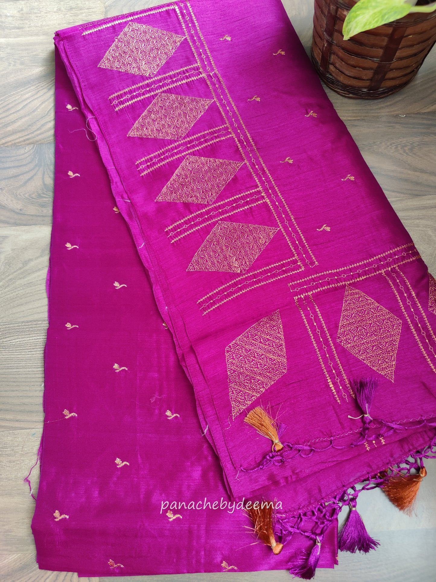 Look festive ready in this premium semi raw silk designer saree with beautiful copper zari embroidery | Magenta | P16