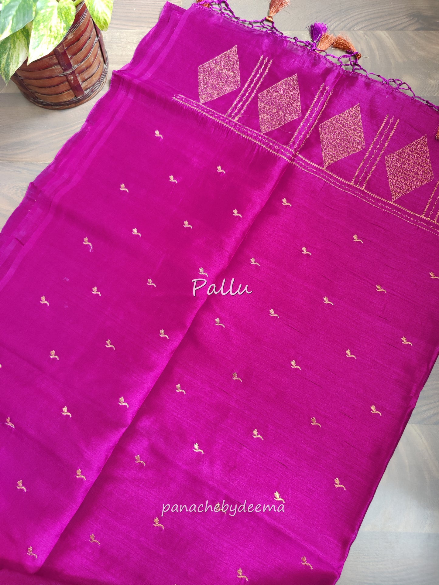 Look festive ready in this premium semi raw silk designer saree with beautiful copper zari embroidery | Magenta | P16
