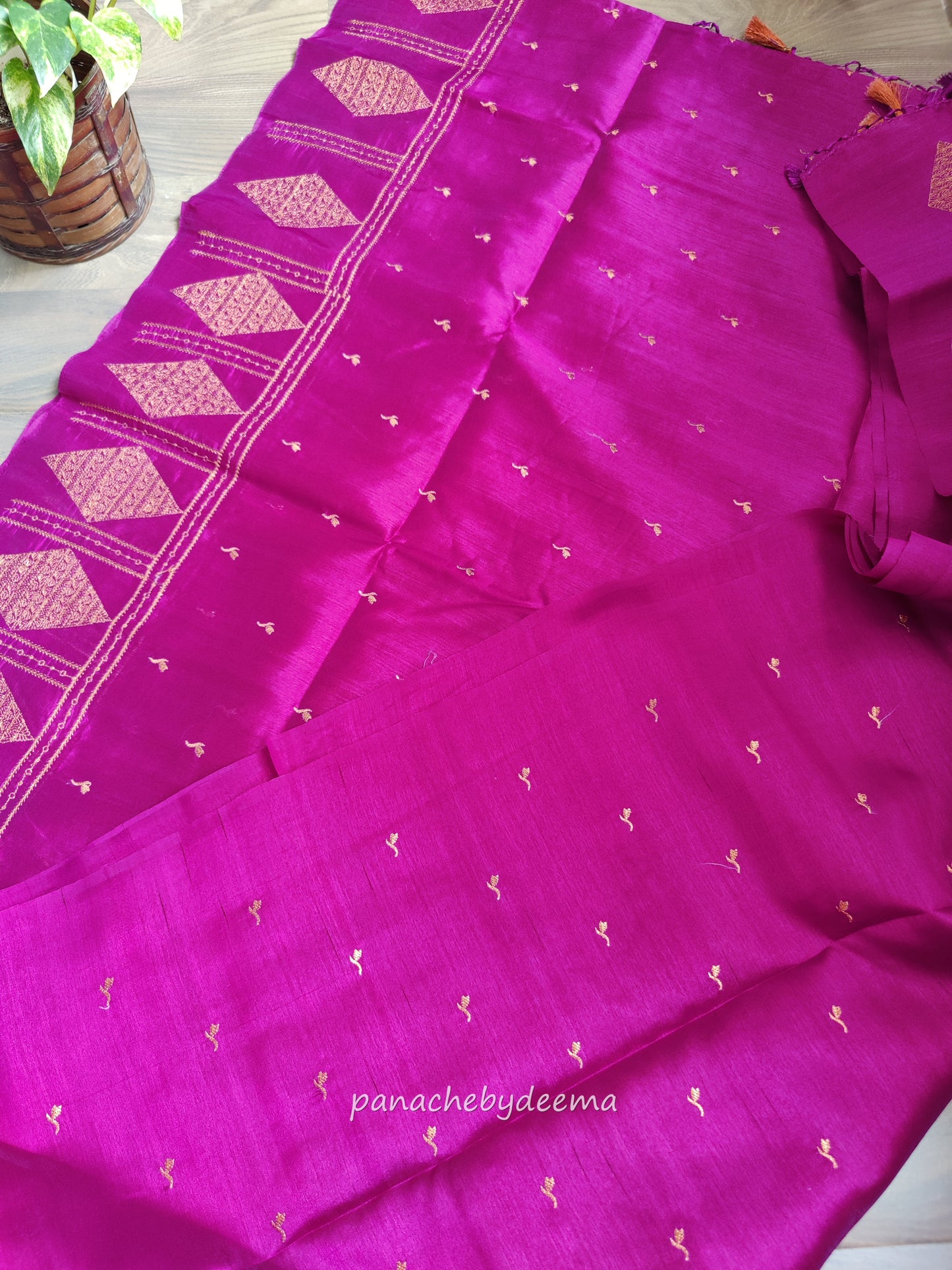 Look festive ready in this premium semi raw silk designer saree with beautiful copper zari embroidery | Magenta | P16
