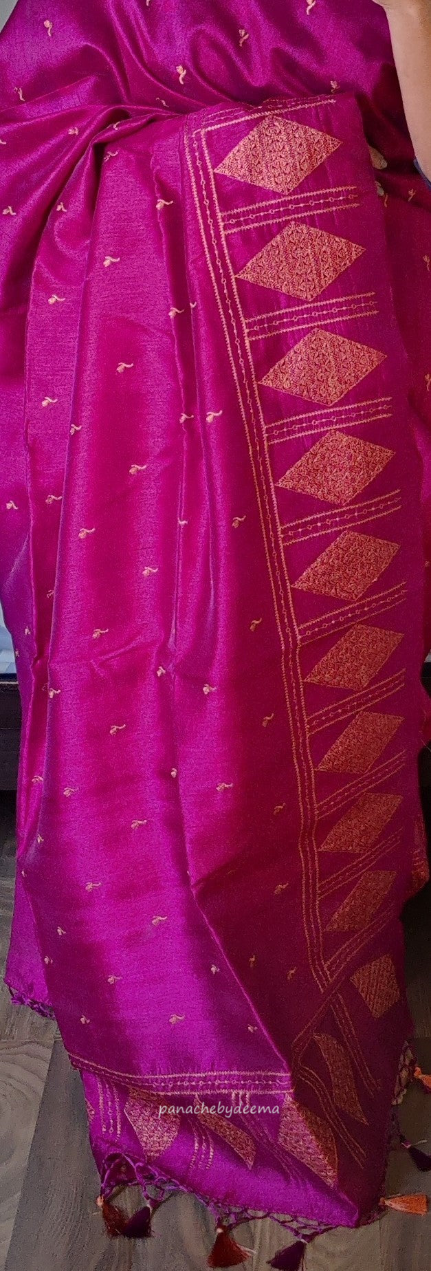 Look festive ready in this premium semi raw silk designer saree with beautiful copper zari embroidery | Magenta | P16
