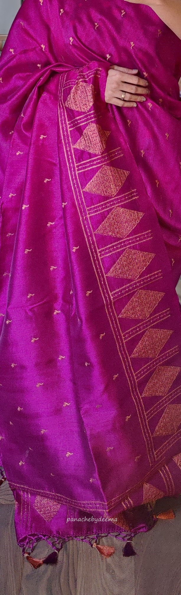 Look festive ready in this premium semi raw silk designer saree with beautiful copper zari embroidery | Magenta | P16