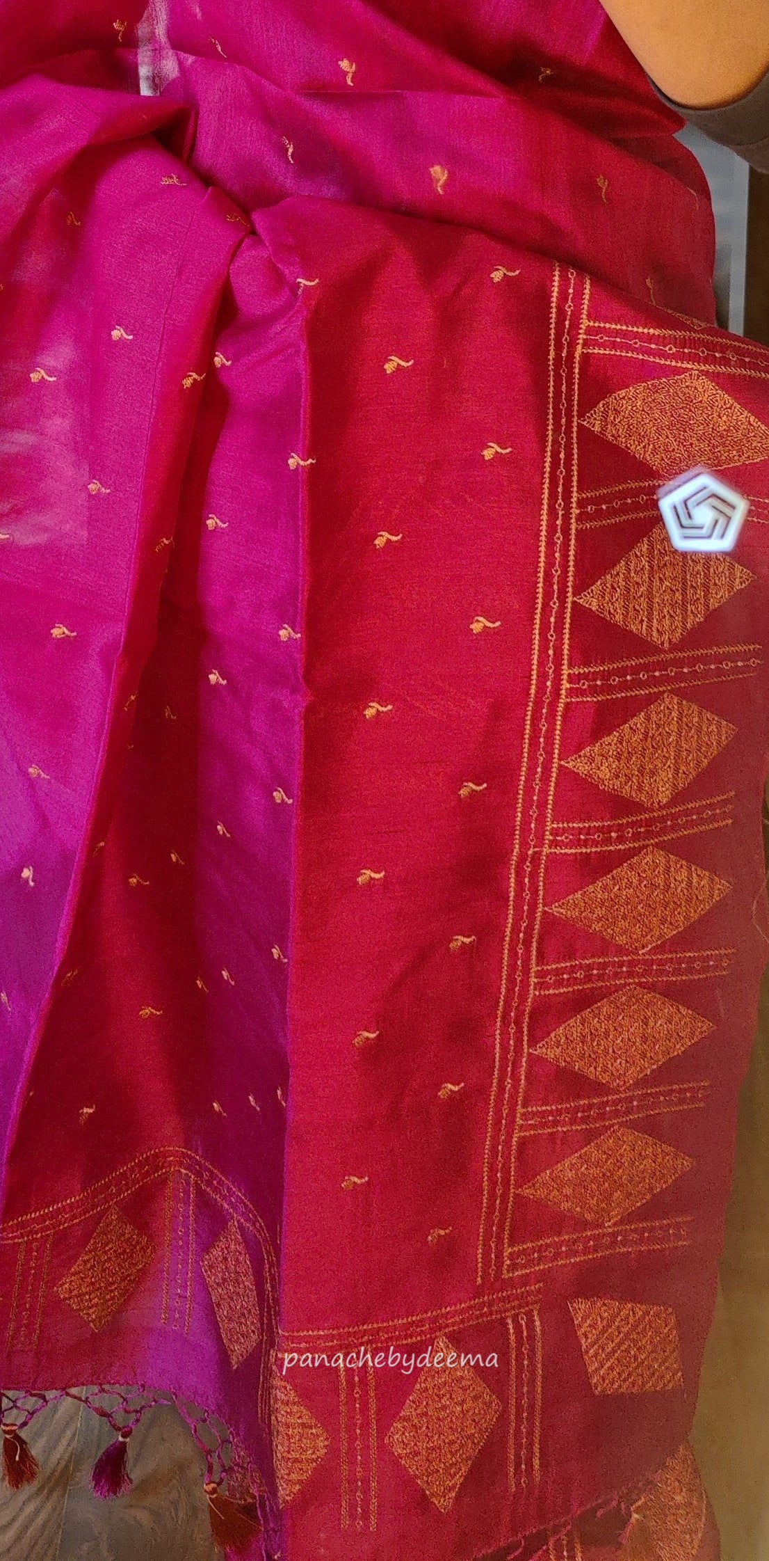 Look festive ready in this premium semi raw silk designer saree with beautiful copper zari embroidery | Magenta | P16