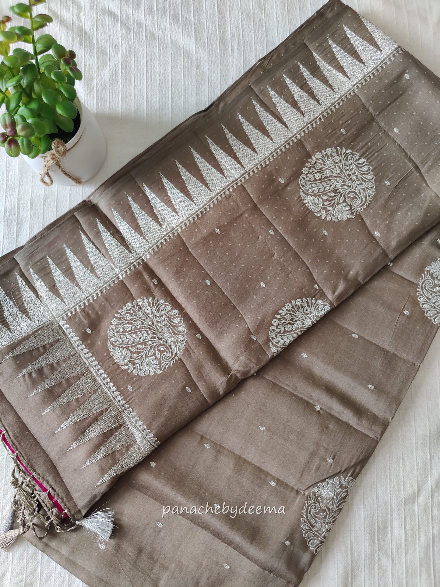 Semi soft silk saree with silver zari embroidery | Pale brown | MS111