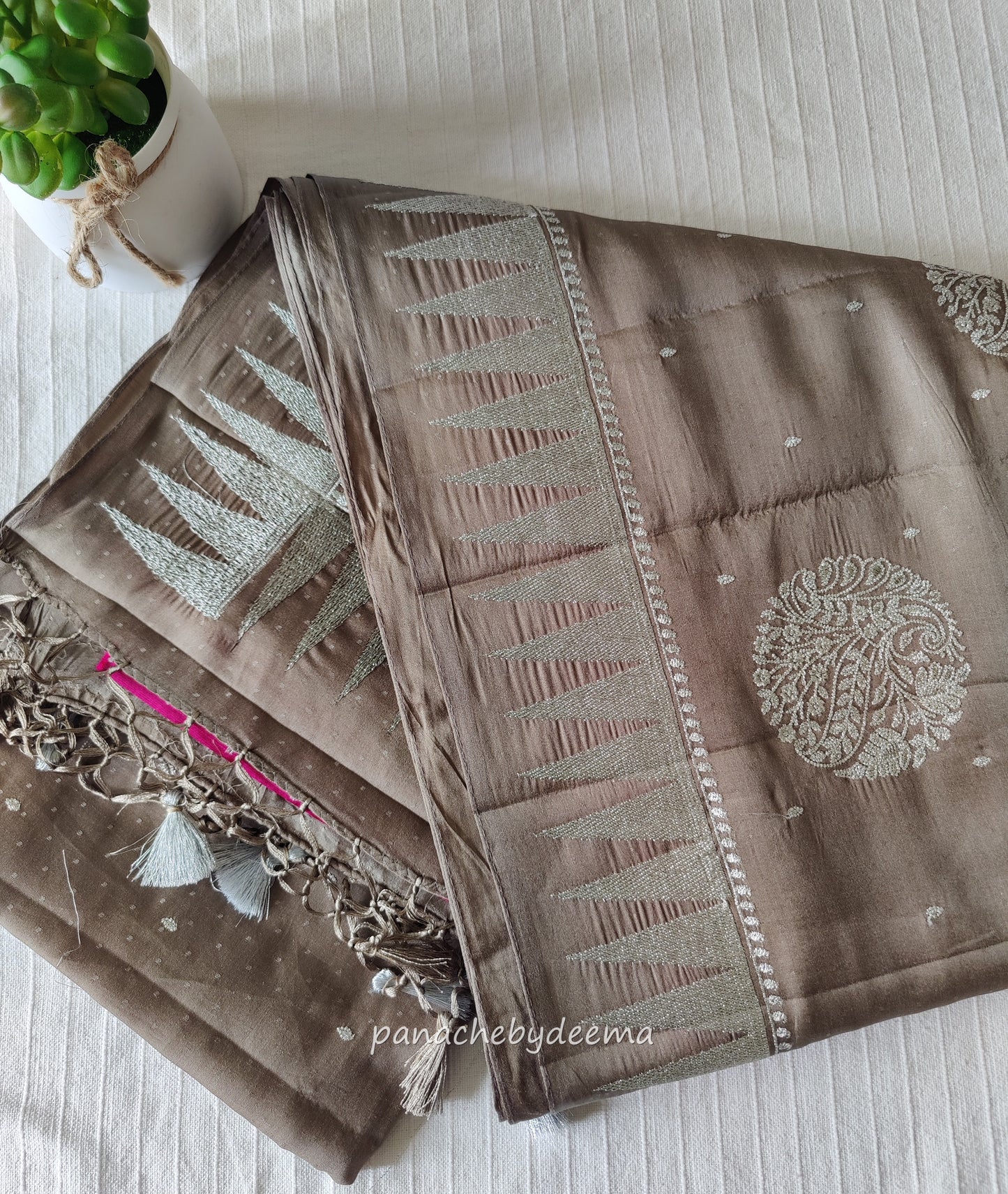 Semi soft silk saree with silver zari embroidery | Pale brown | MS111