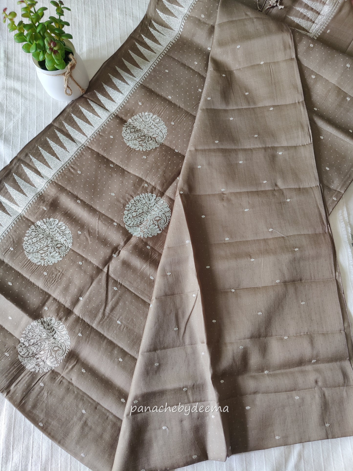 Semi soft silk saree with silver zari embroidery | Pale brown | MS111