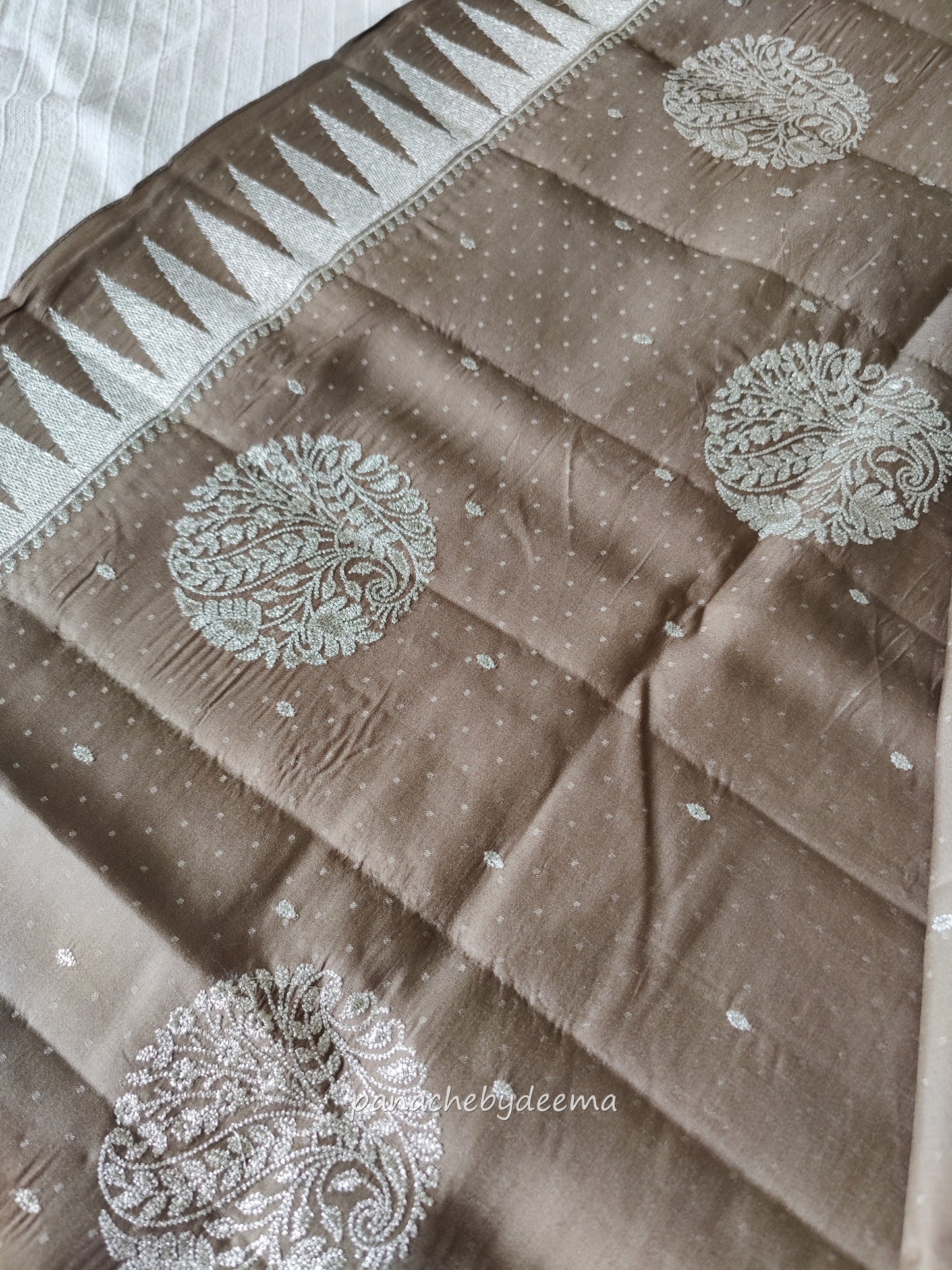 Semi soft silk saree with silver zari embroidery | Pale brown | MS111