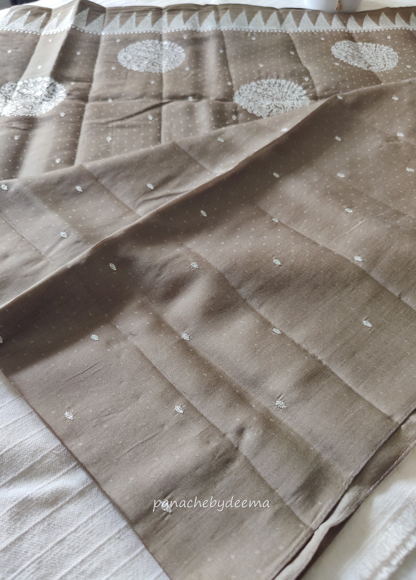 Semi soft silk saree with silver zari embroidery | Pale brown | MS111