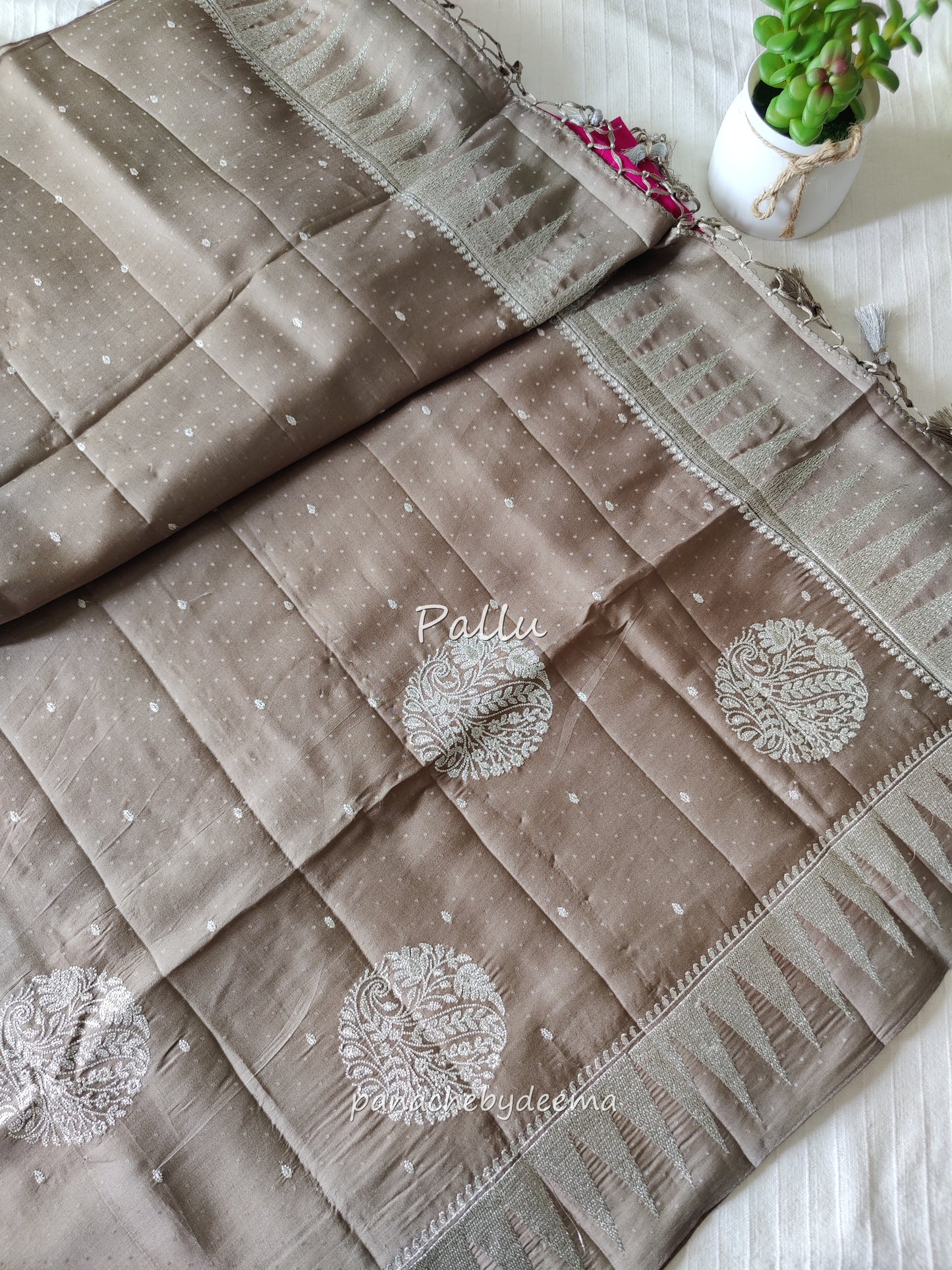 Semi soft silk saree with silver zari embroidery | Pale brown | MS111