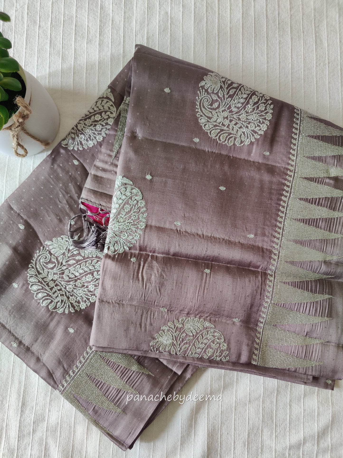 Semi soft silk saree with silver zari embroidery | Mauve grey | MS112