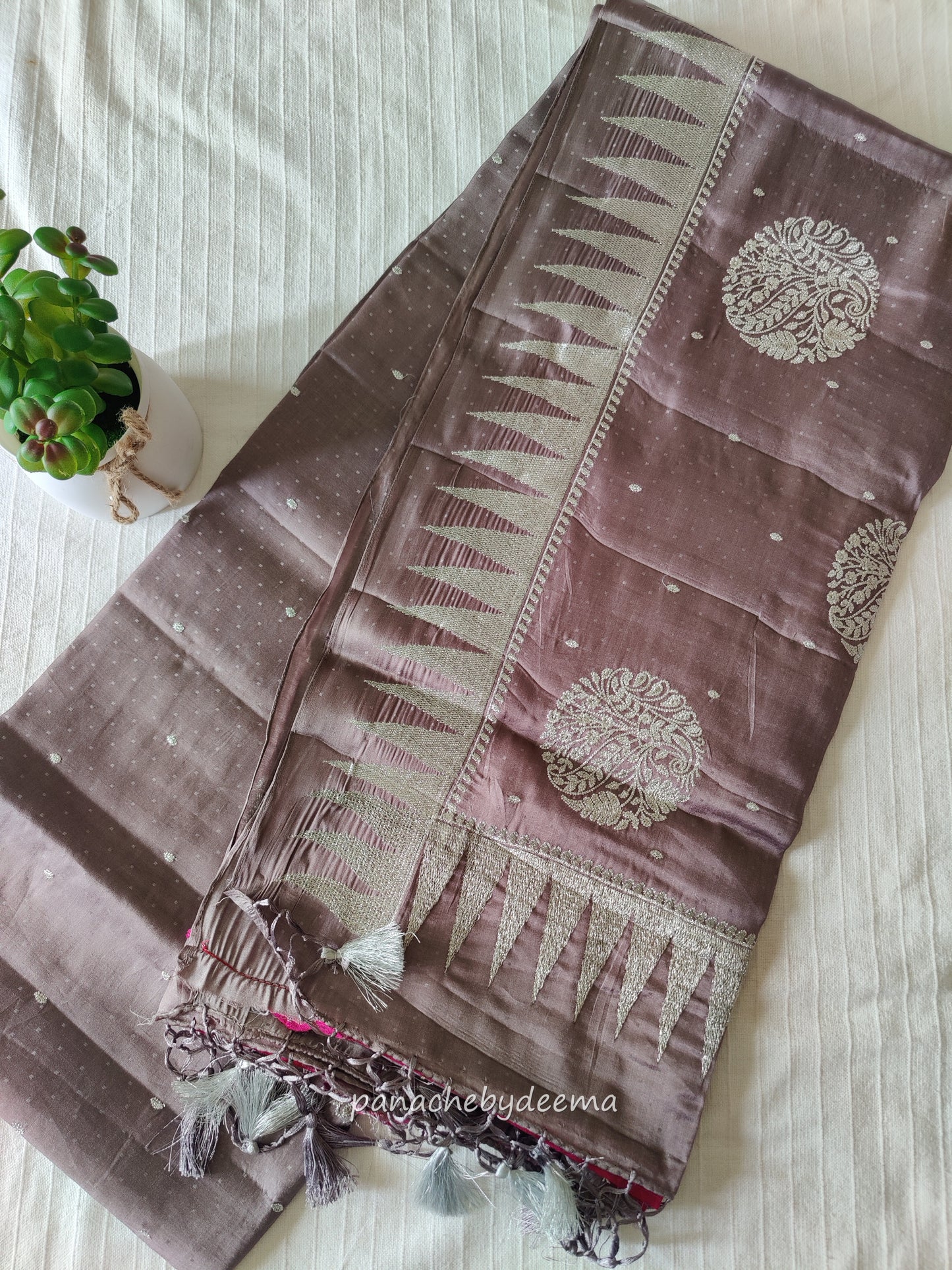 Semi soft silk saree with silver zari embroidery | Mauve grey | MS112