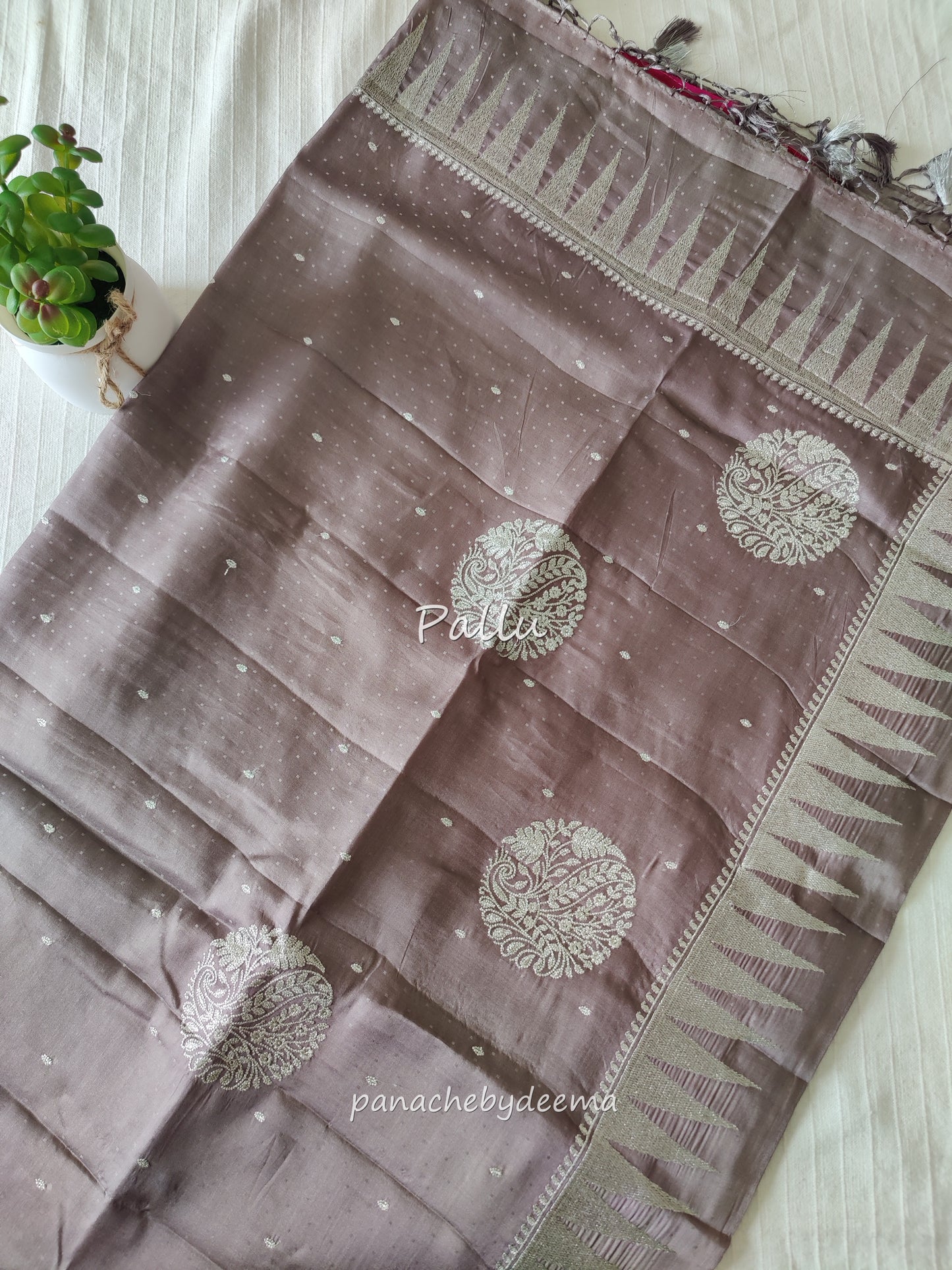 Semi soft silk saree with silver zari embroidery | Mauve grey | MS112