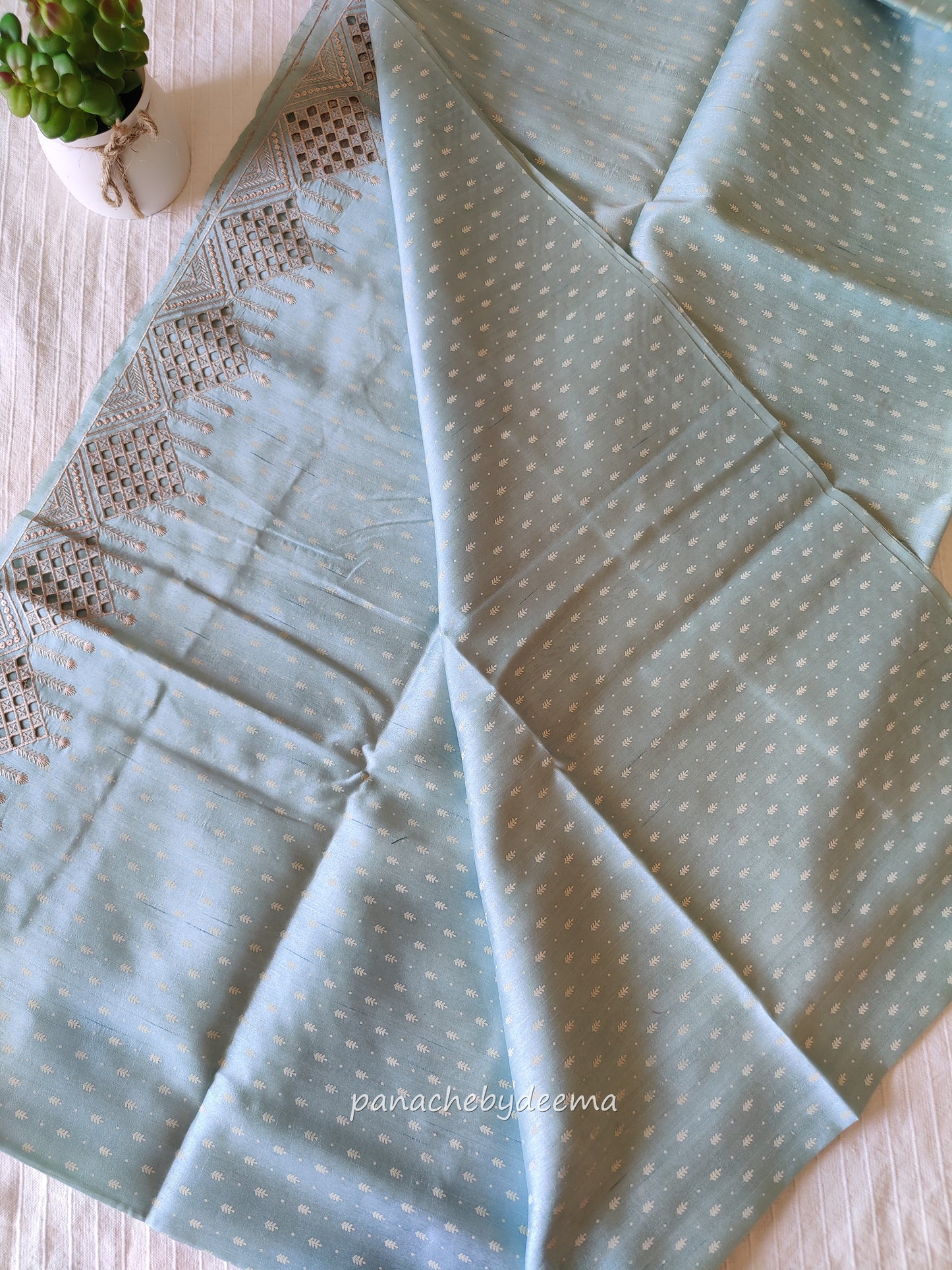 Beautiful semi tussar saree cut work border | Pale blue | CT108