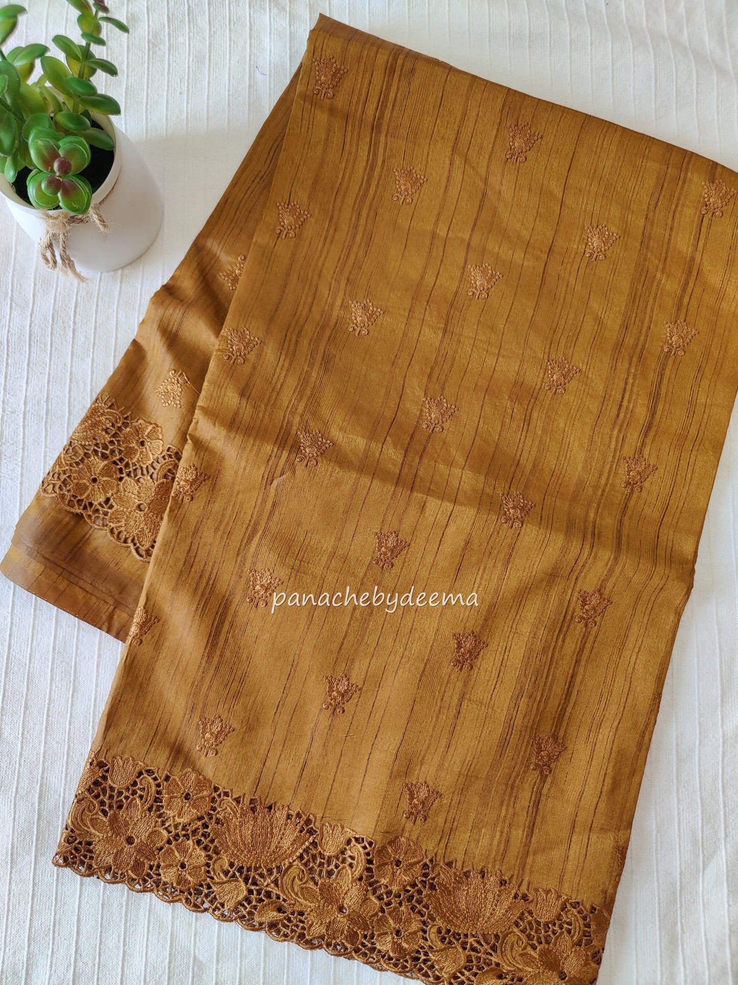 Beautiful semi tussar saree cut work border and embroidery| Mustard yellow | STC1
