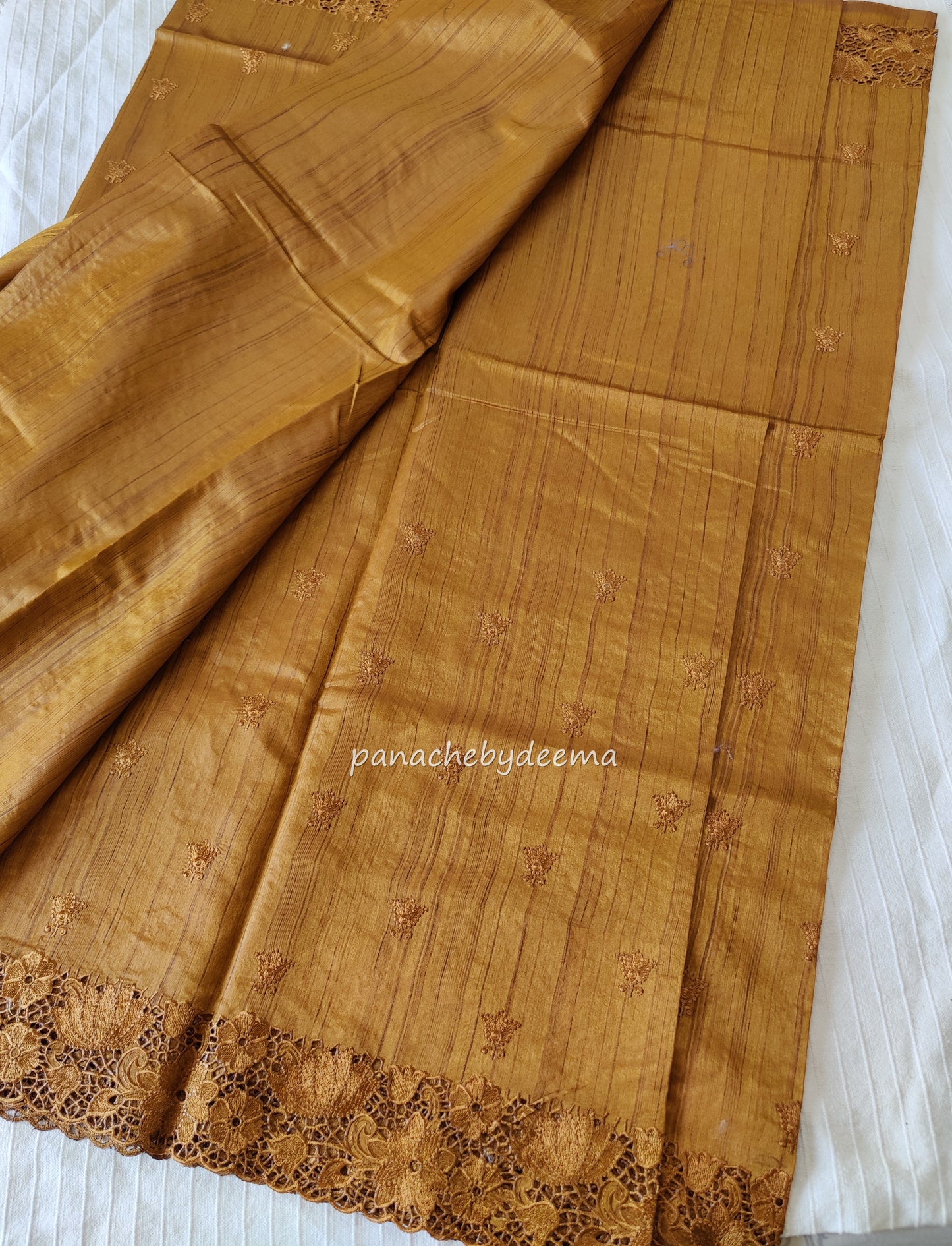 Beautiful semi tussar saree cut work border and embroidery| Mustard yellow | STC1