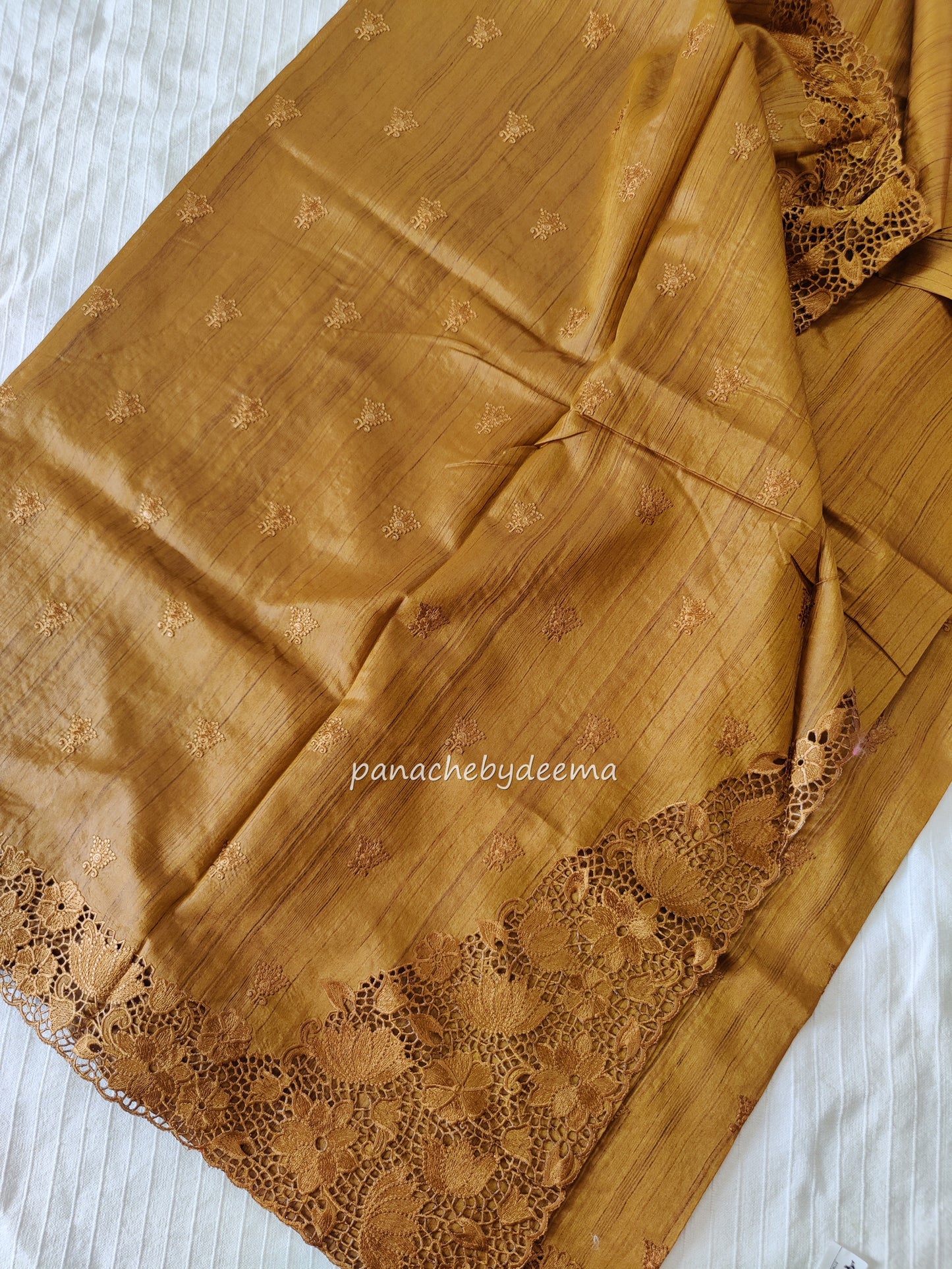 Beautiful semi tussar saree cut work border and embroidery| Mustard yellow | STC1