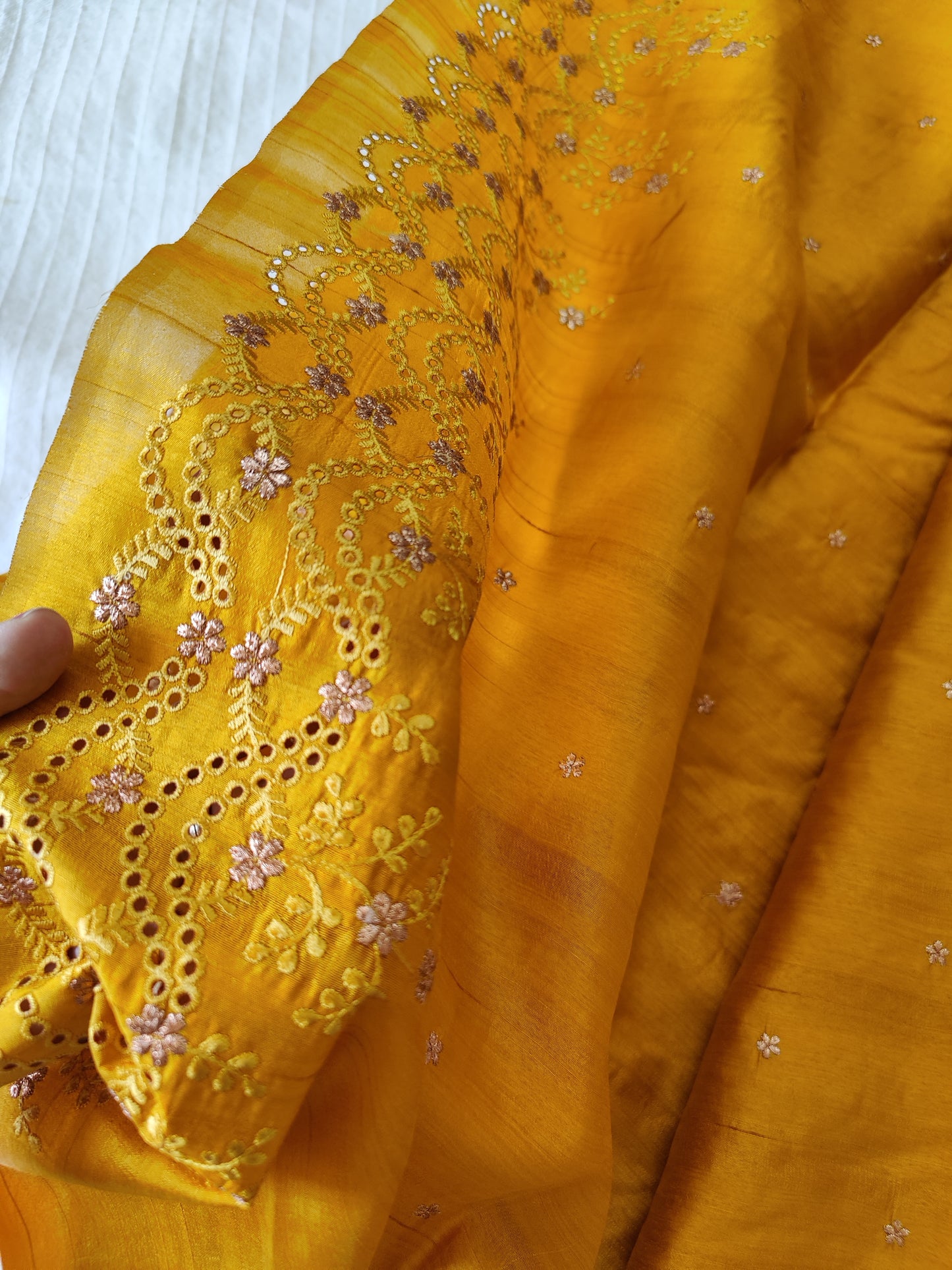 Matka silk designer saree with cut work borders and embroidery | Mustard yellow | MT15