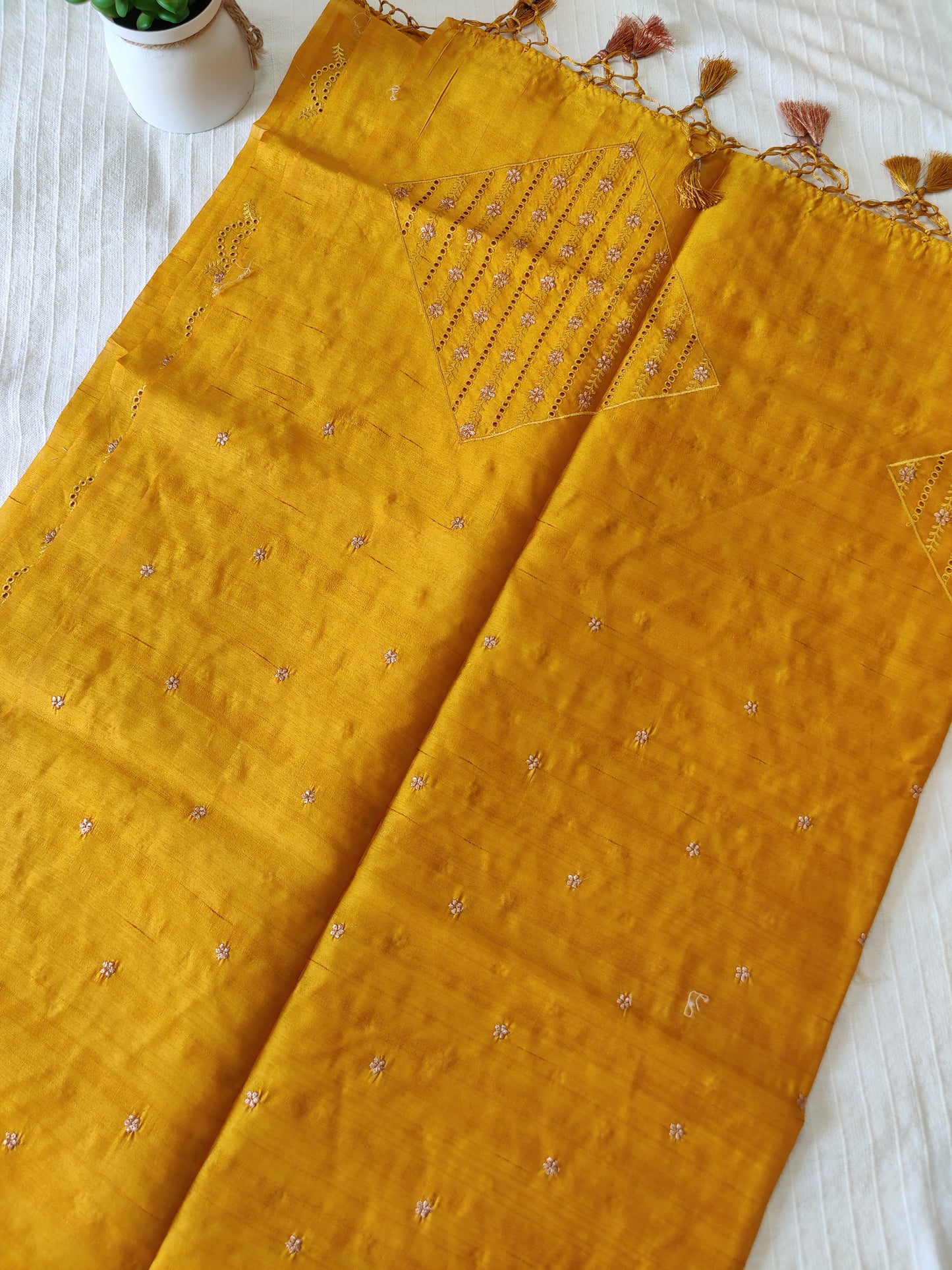 Semi Matka silk designer saree with cut work borders and embroidery | Mustard yellow | MT15