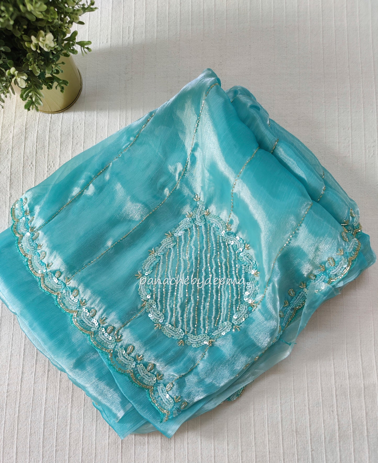 Tissue organza with heavy handwork| Sea green | TS2