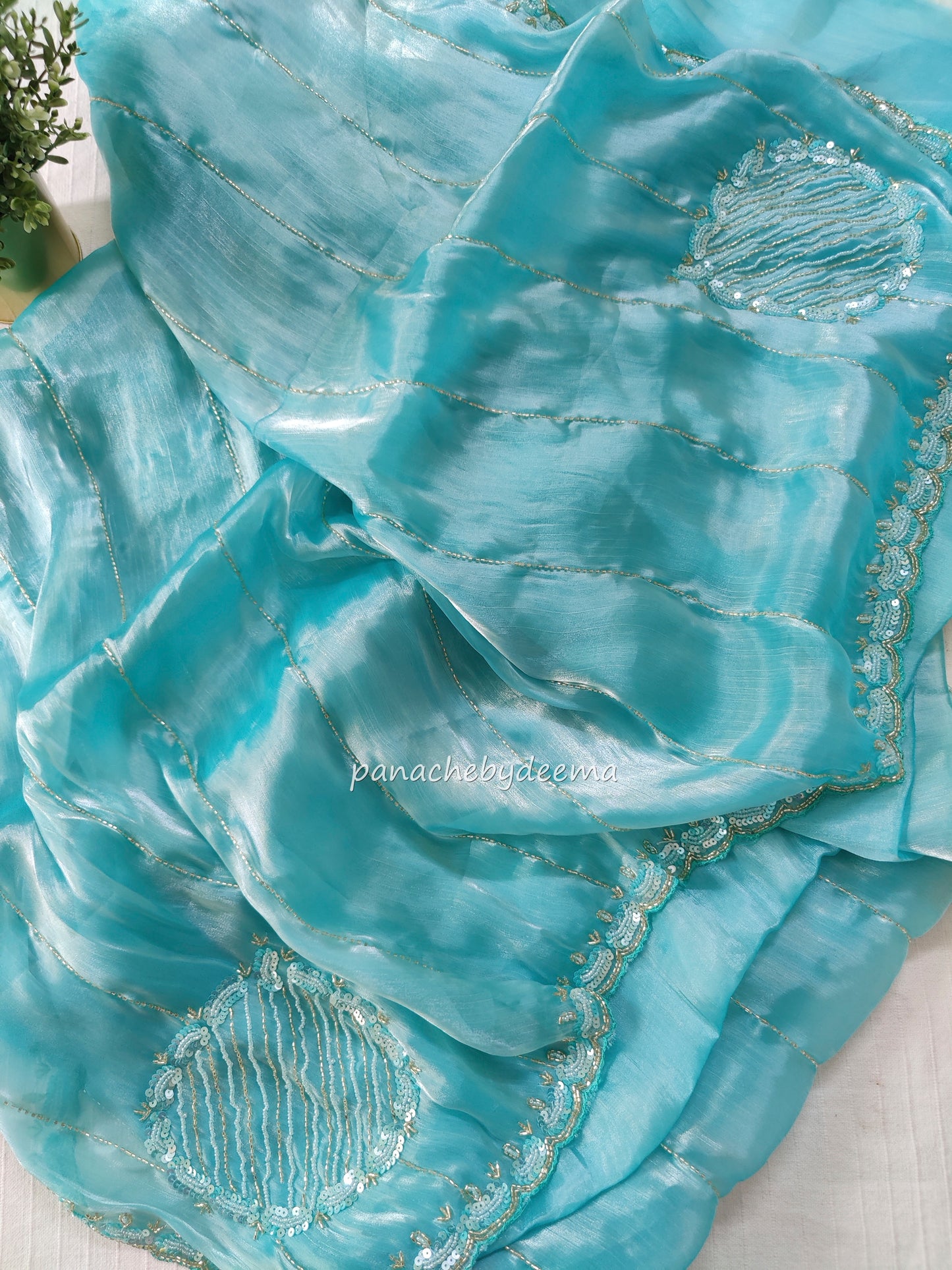 Tissue organza with heavy handwork| Sea green | TS2