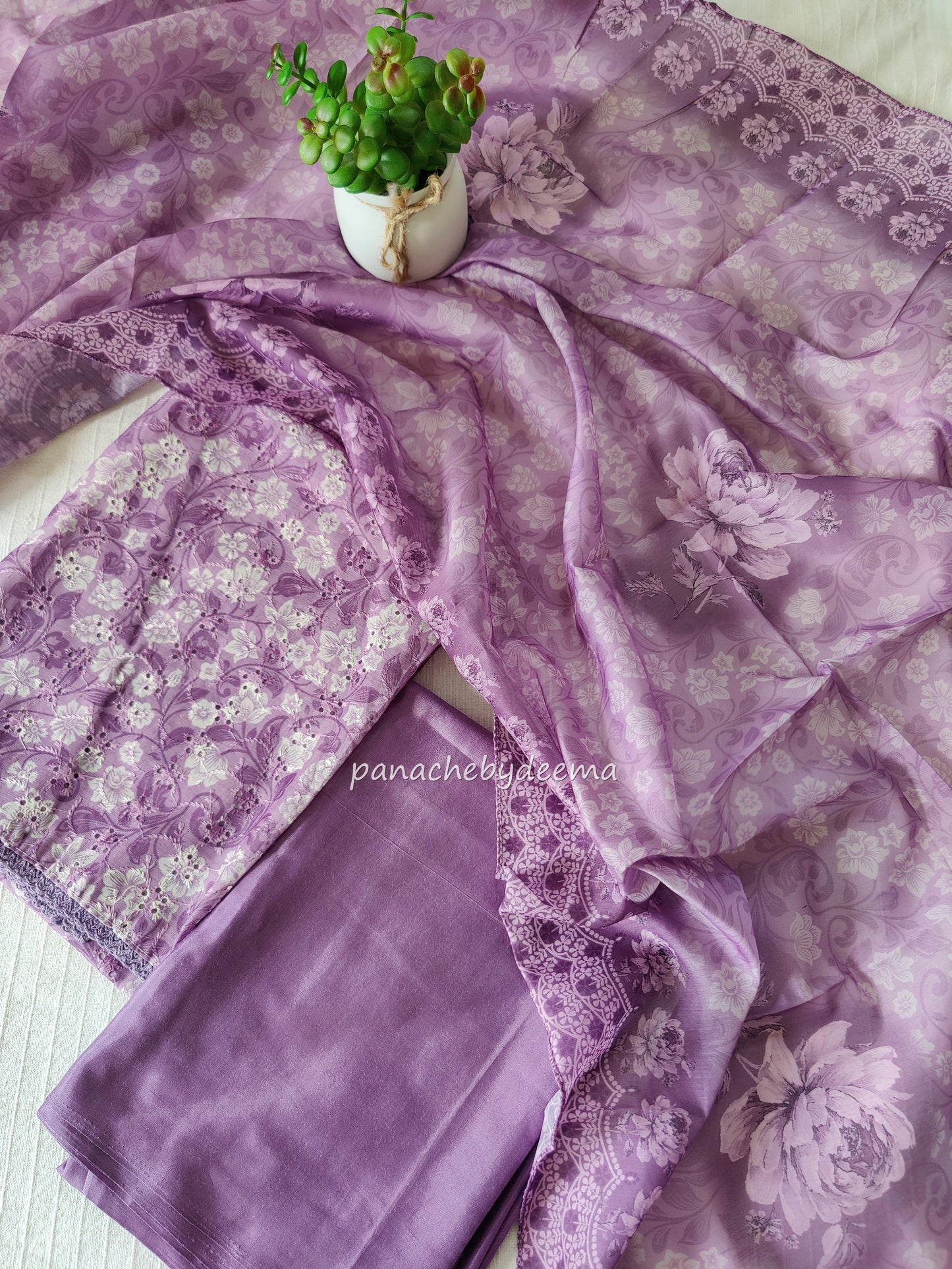 Eyelet fabric with embroidery and lace edges unstitched salwar set | Lavender | H6