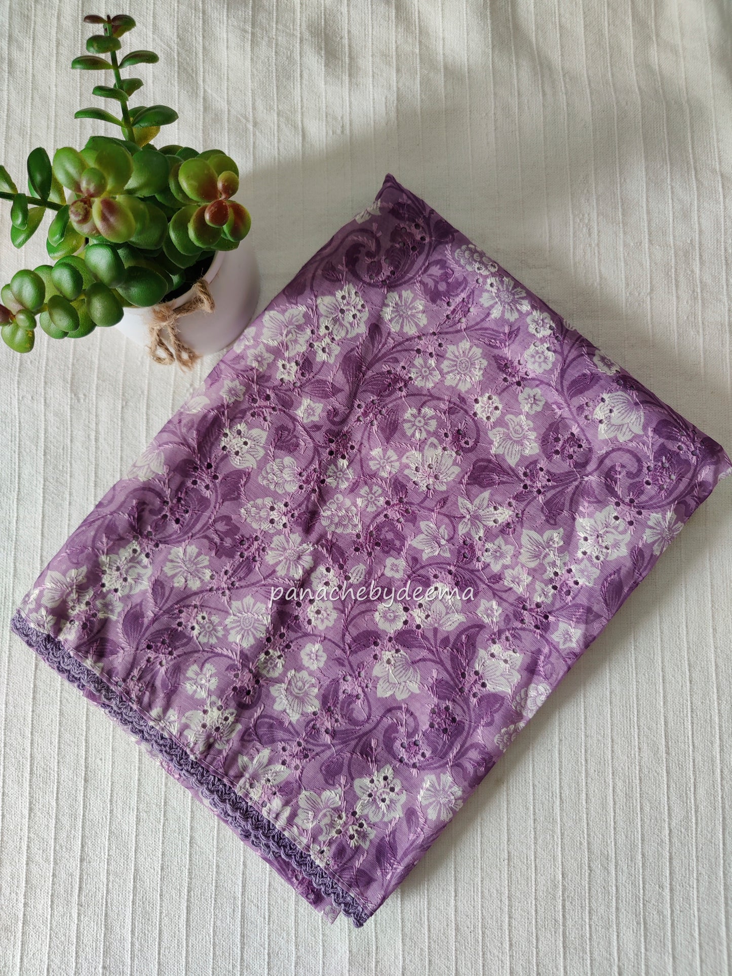 Eyelet fabric with embroidery and lace edges unstitched salwar set | Lavender | H6