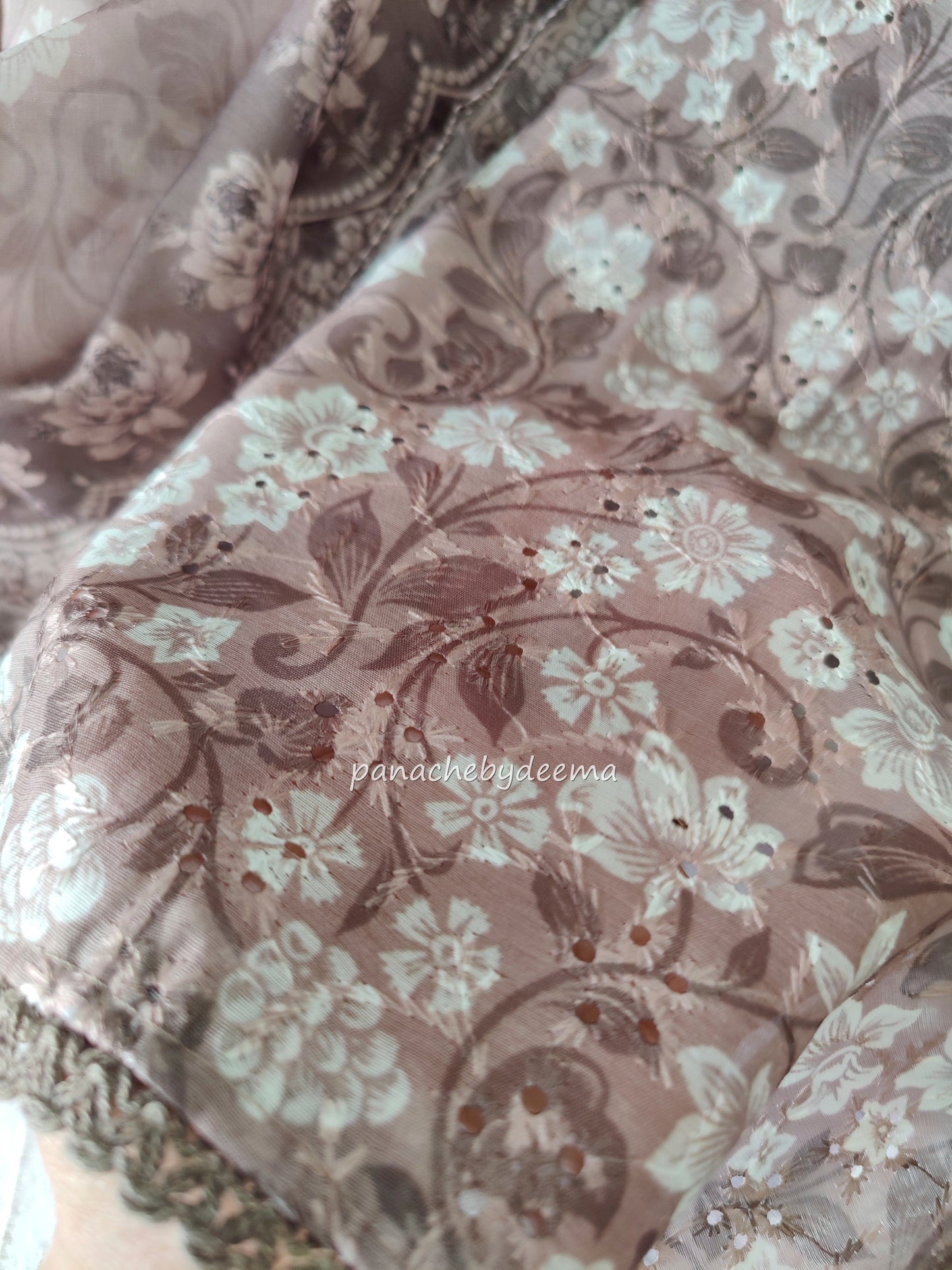 Eyelet fabric with embroidery and lace edges unstitched salwar set | Brown | H8