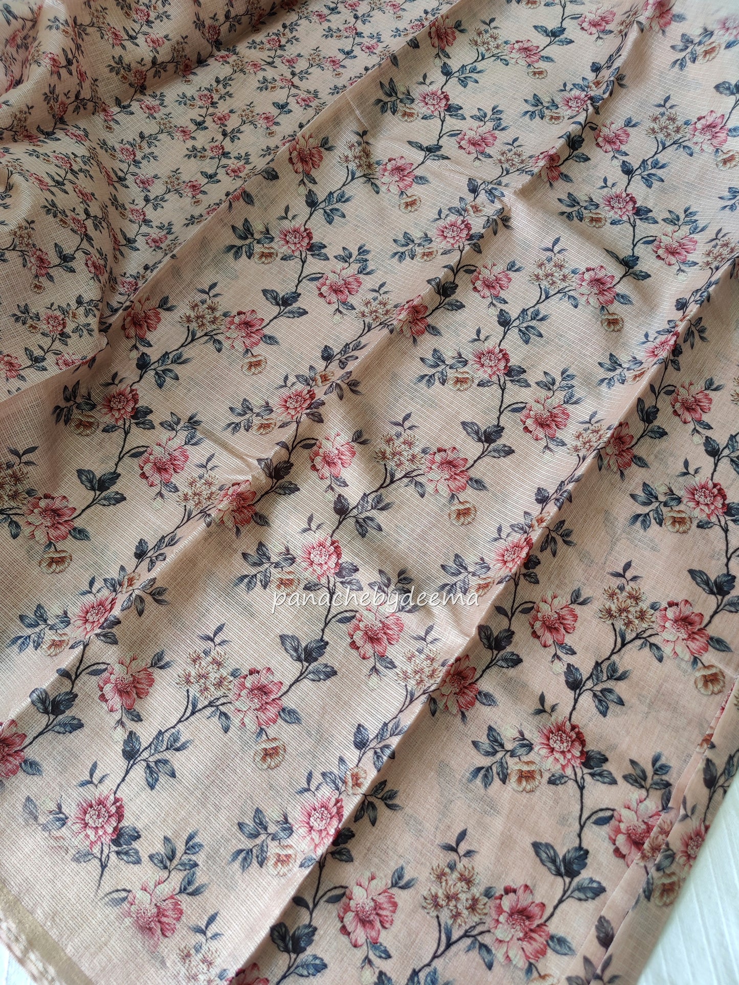 Semi net kota silk digital print saree with golden borders | Beige |K4