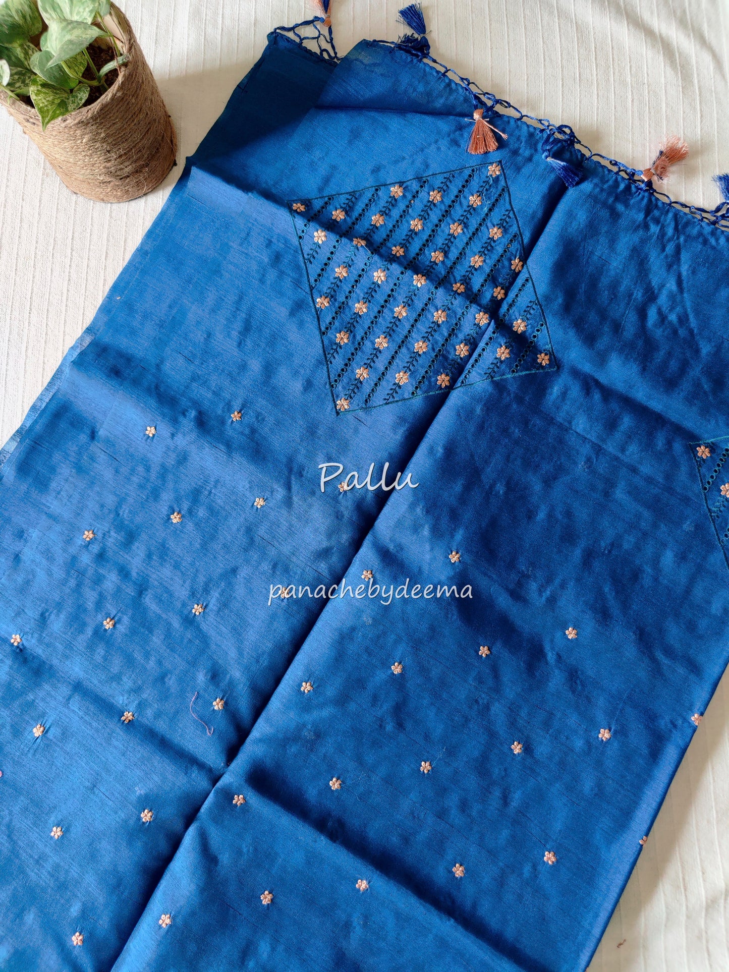 Matka silk designer saree with cut work borders and embroidery | Teal blue | MT18