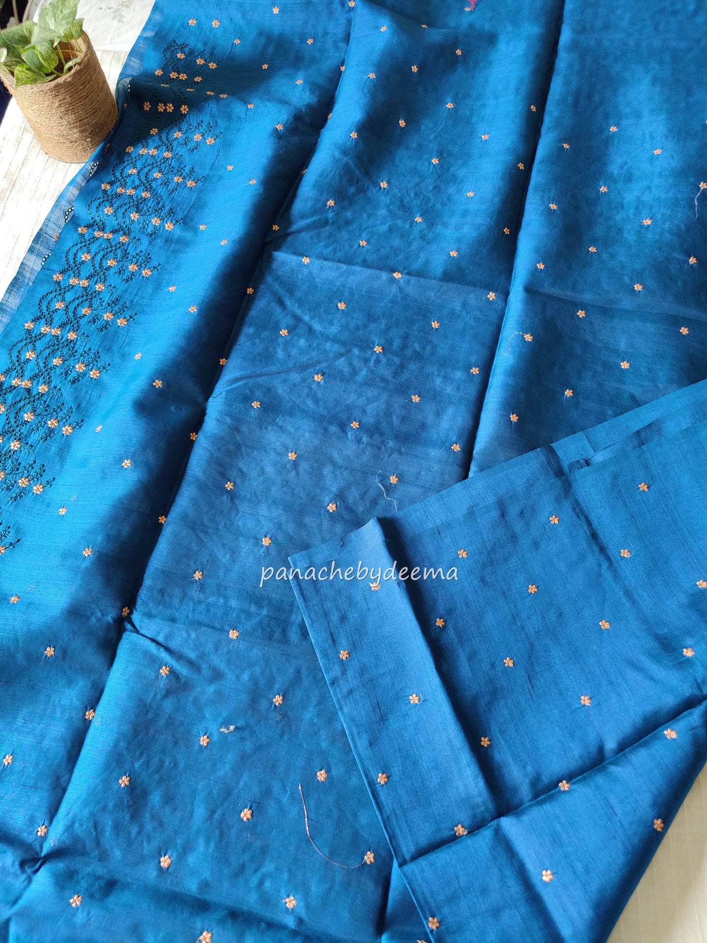 Matka silk designer saree with cut work borders and embroidery | Teal blue | MT18