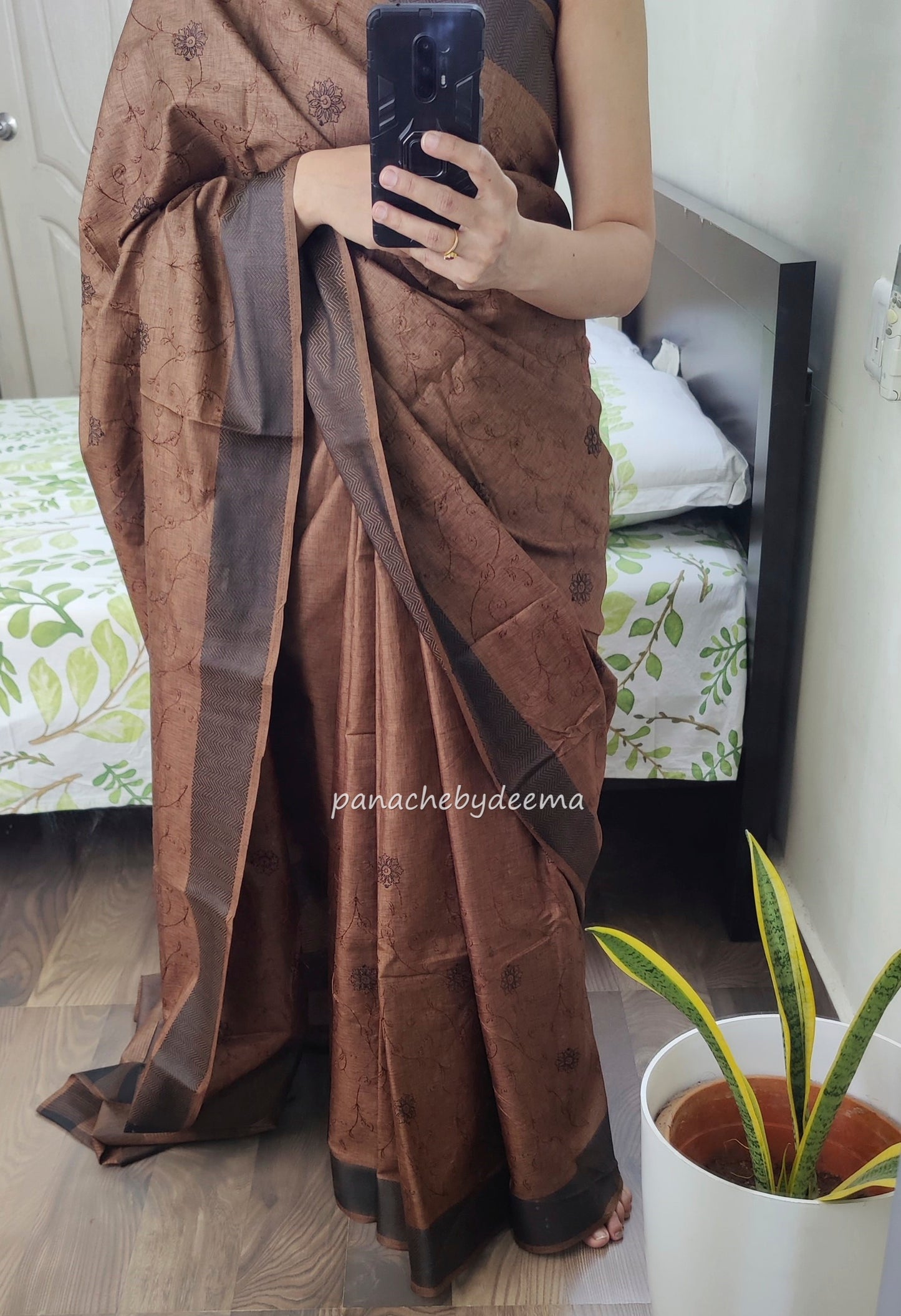 Beautiful semi tussar saree with beautiful thread embroidery | Brown | RF6