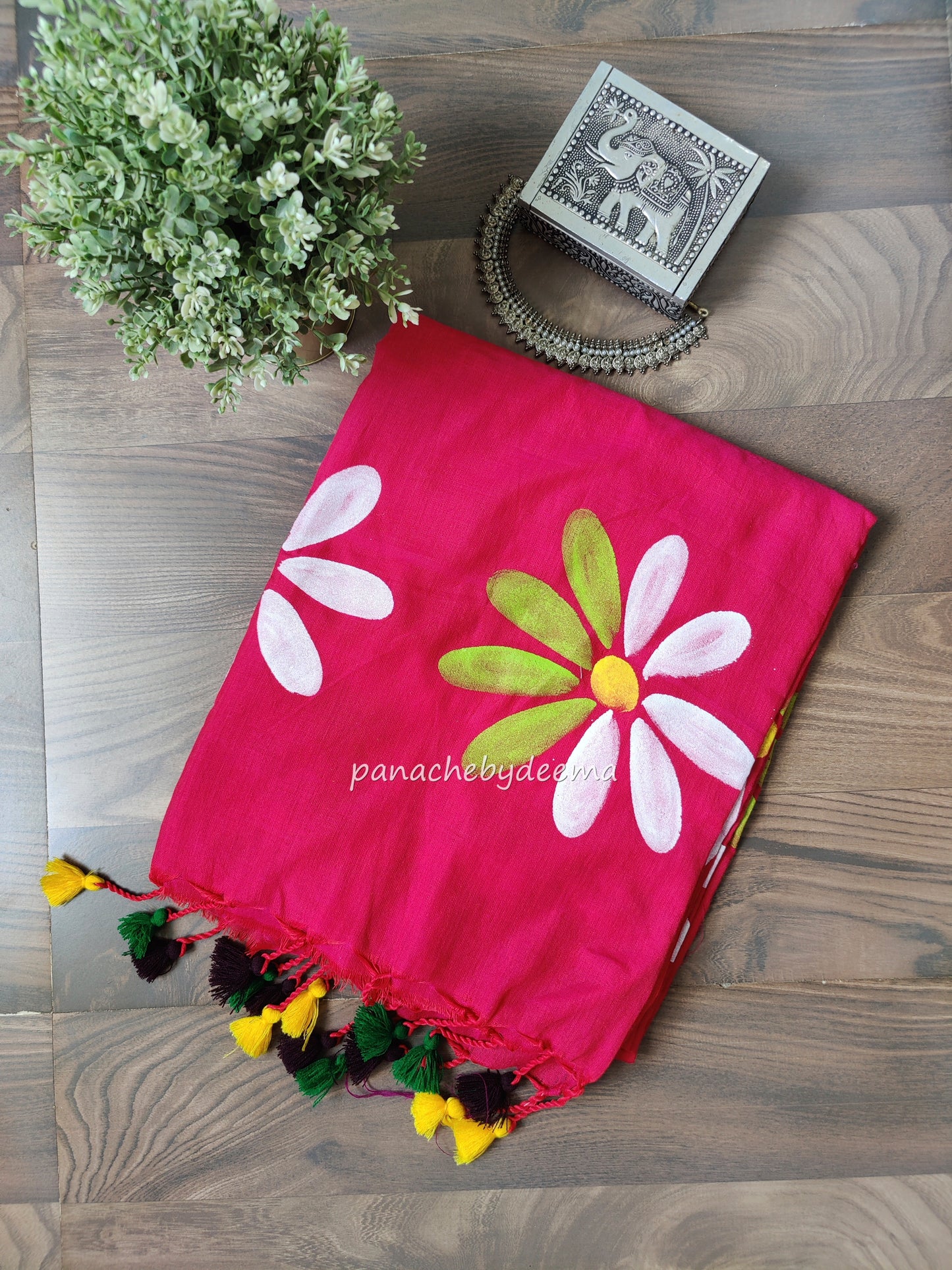 Mul cotton saree handpainted flowers |Dark pink | K7