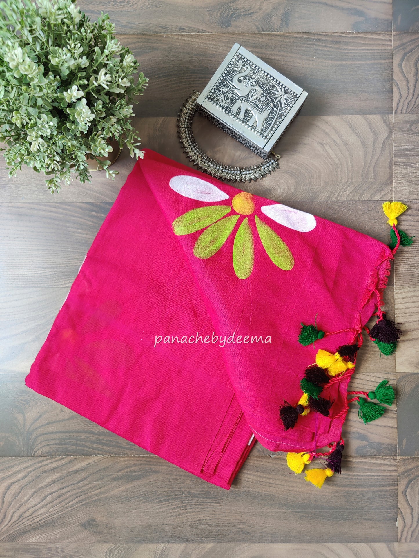 Mul cotton saree handpainted flowers |Dark pink | K7