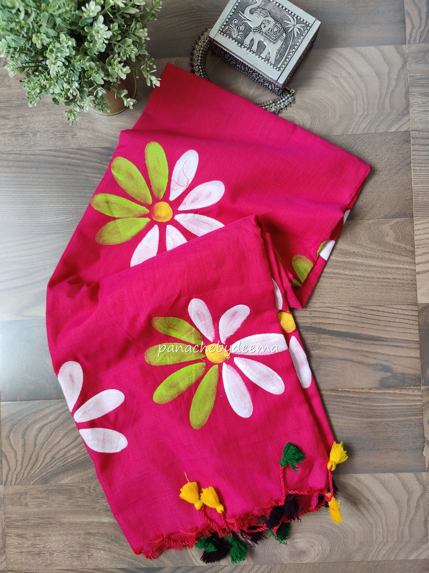 Mul cotton saree handpainted flowers |Dark pink | K7