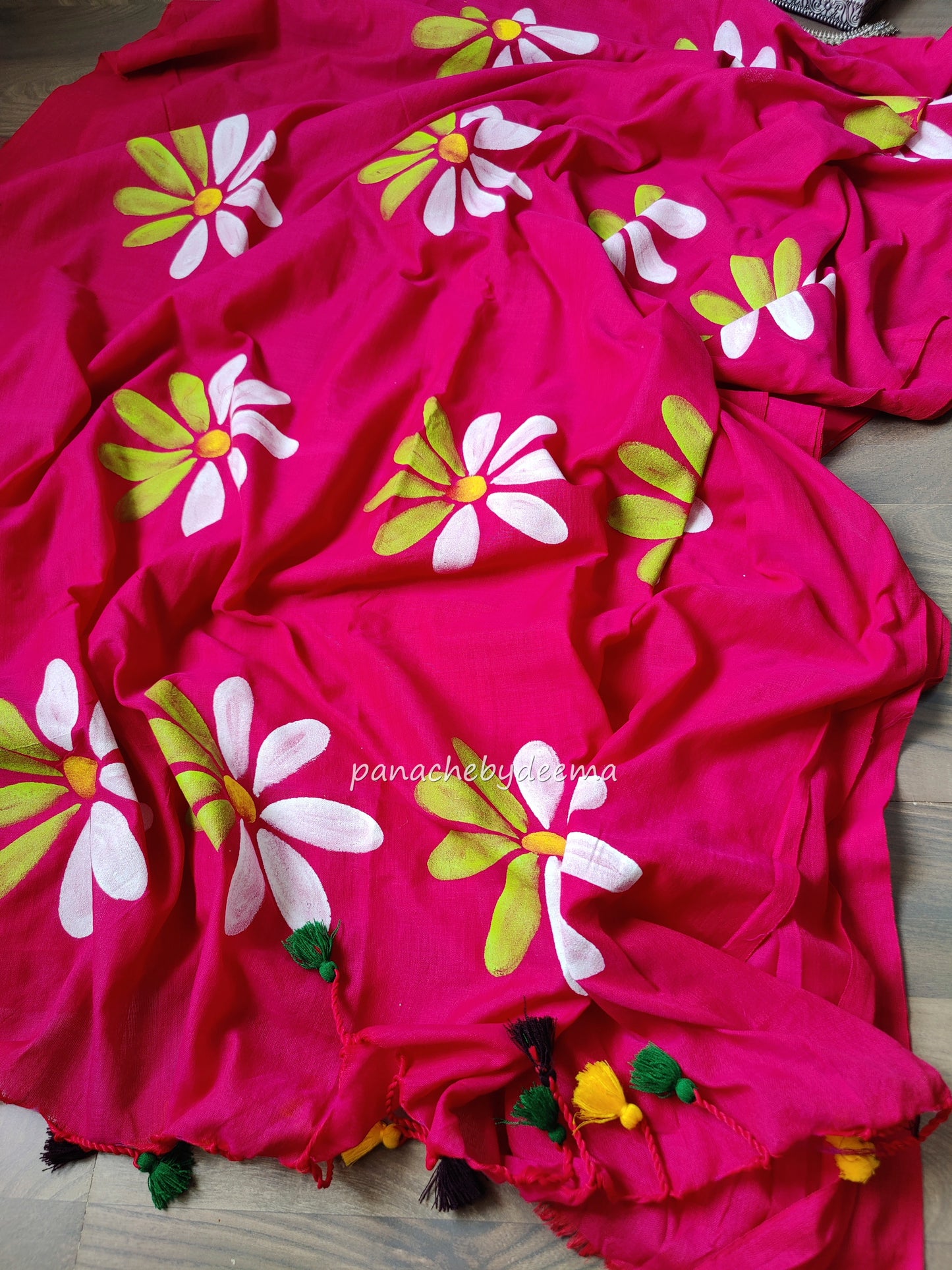 Mul cotton saree handpainted flowers |Dark pink | K7
