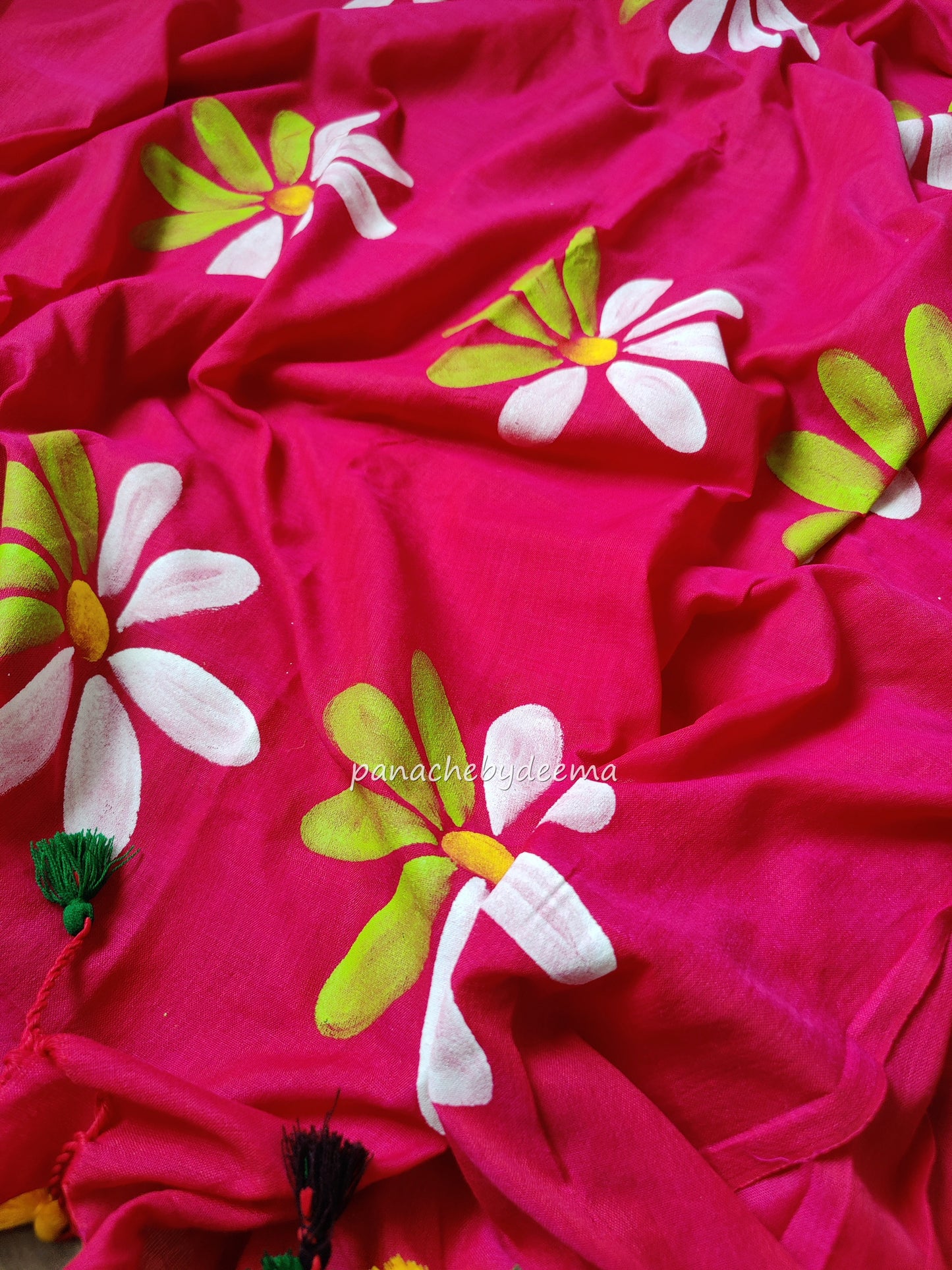 Mul cotton saree handpainted flowers |Dark pink | K7