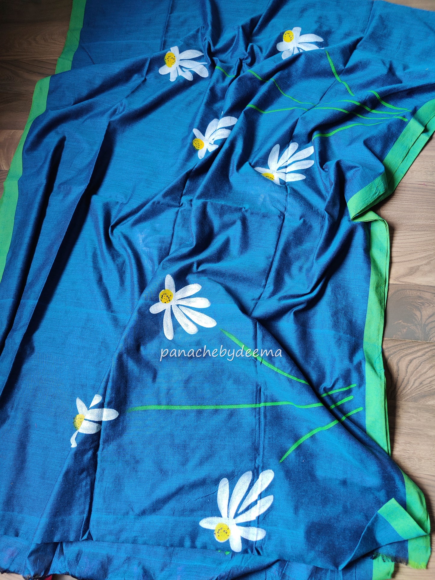 Mul cotton saree handpainted flowers | Blue with green borders | K9