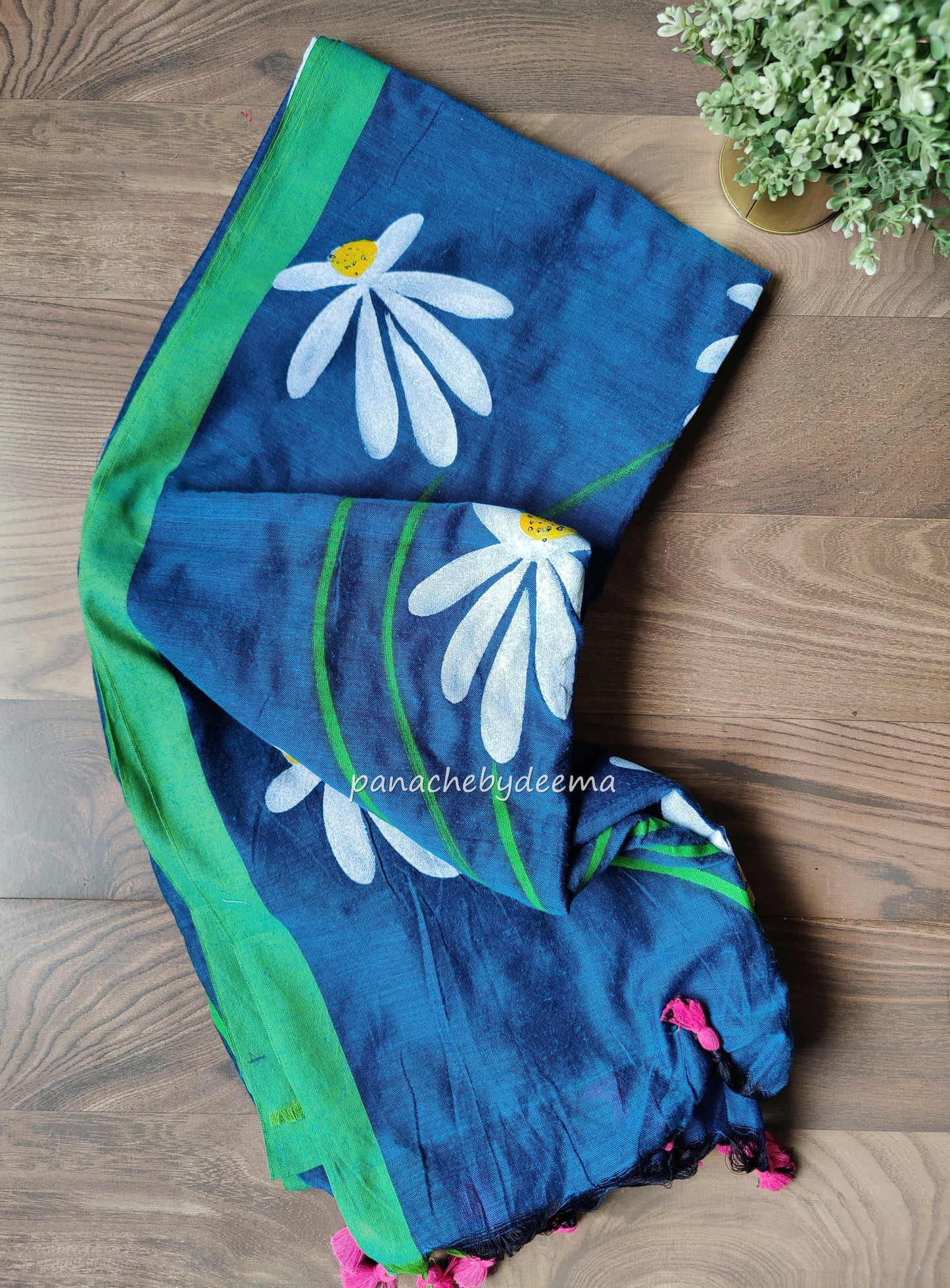 Mul cotton saree handpainted flowers | Blue with green borders | K9