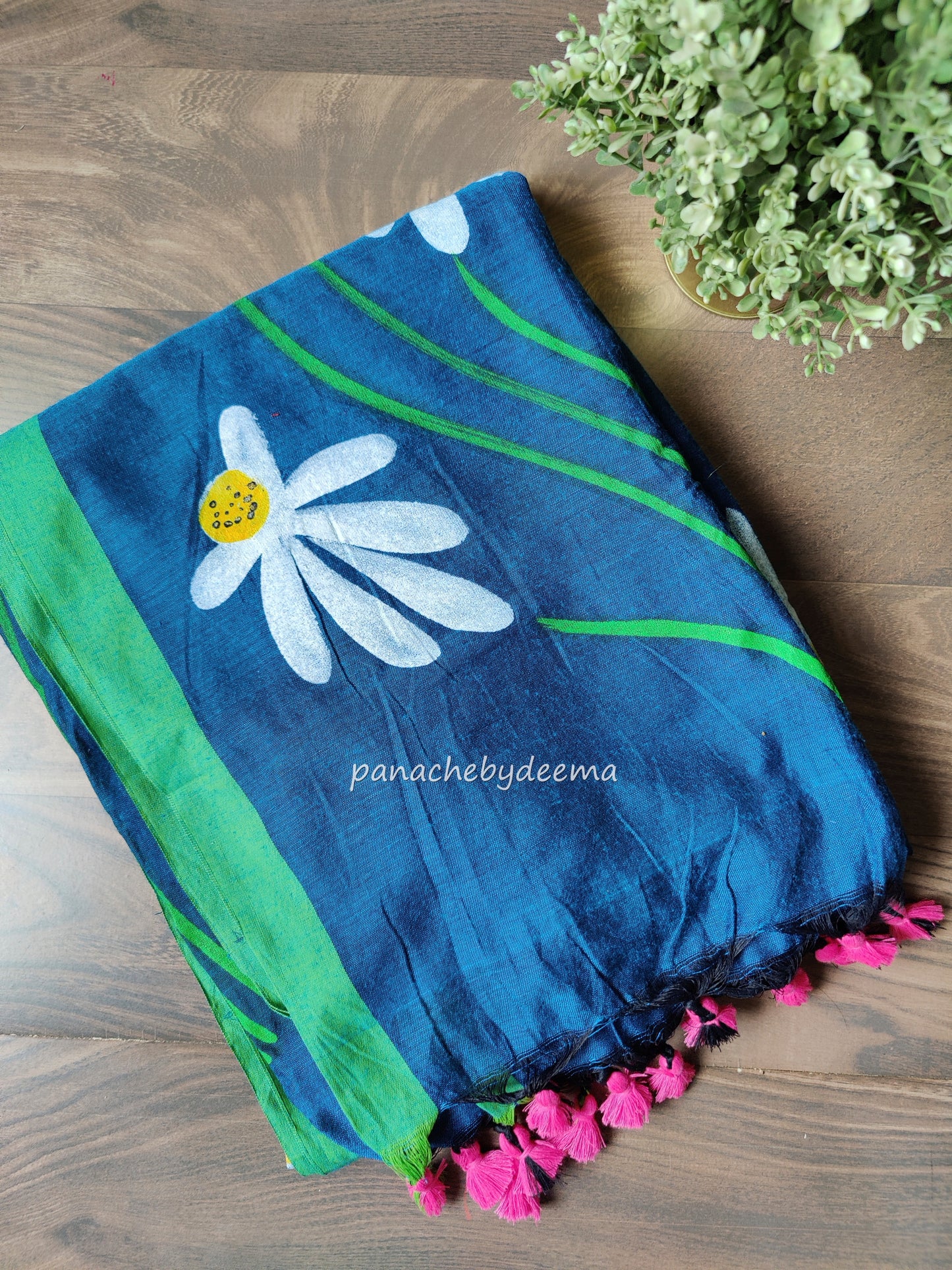 Mul cotton saree handpainted flowers | Blue with green borders | K9