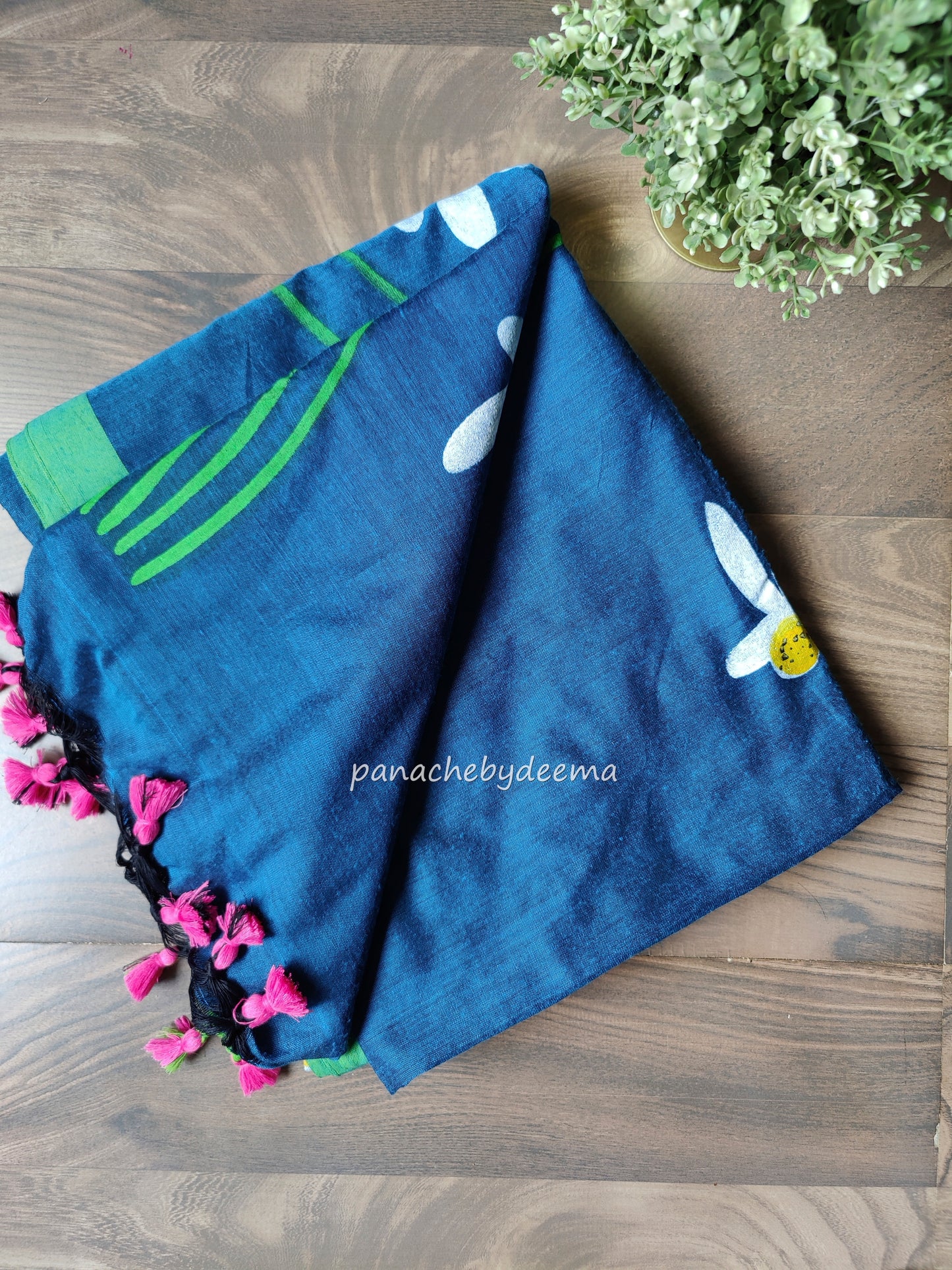 Mul cotton saree handpainted flowers | Blue with green borders | K9