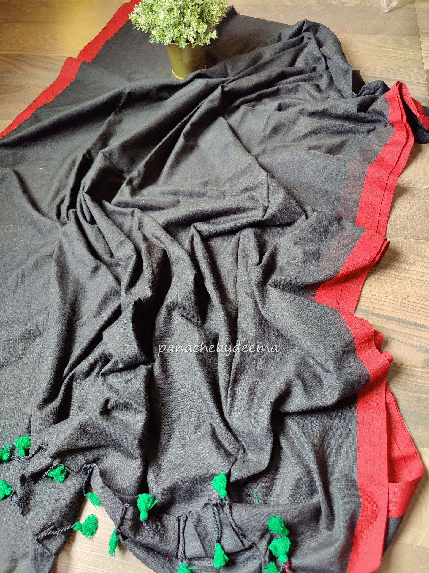 Mul cotton plain saree with borders |Black with red border| PK1
