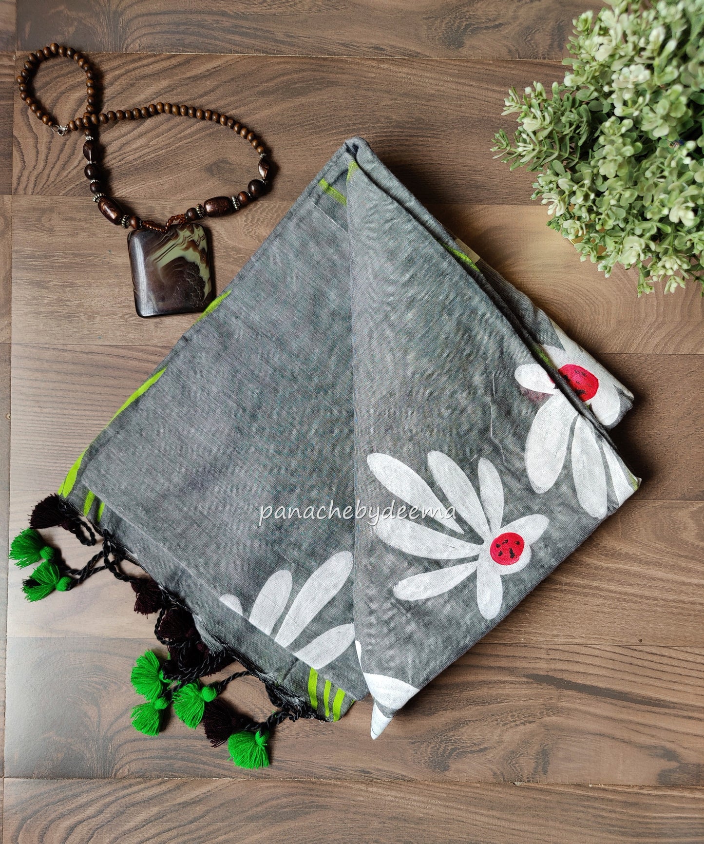 Mul cotton saree handpainted flowers | Grey | K10